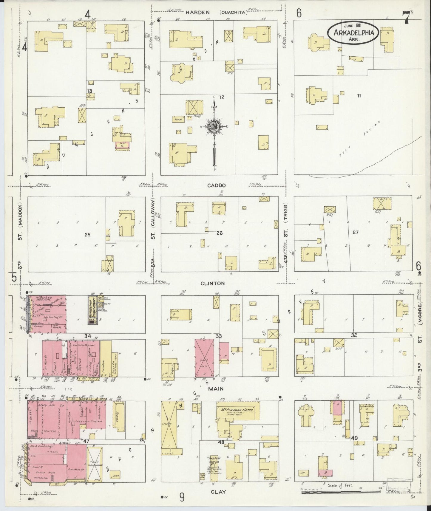 Sanborn Fire Insurance Map from Arkadelphia, Clark County, Arkansas (1911), Sheet #0007 - Historic Sanborn Fire Insurance Map Print, vintage old map wall art, antique decor, genealogy gift, Arkansas Arkansas map
