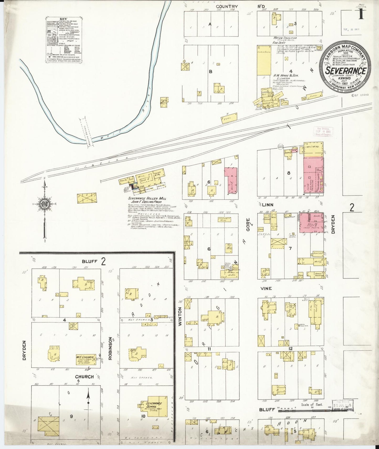 Sanborn Fire Insurance Map from Severance, Doniphan County, Kansas (1911), Sheet #0001 - Historic Sanborn Fire Insurance Map Print, vintage old map wall art, antique decor, genealogy gift, Kansas Kansas map