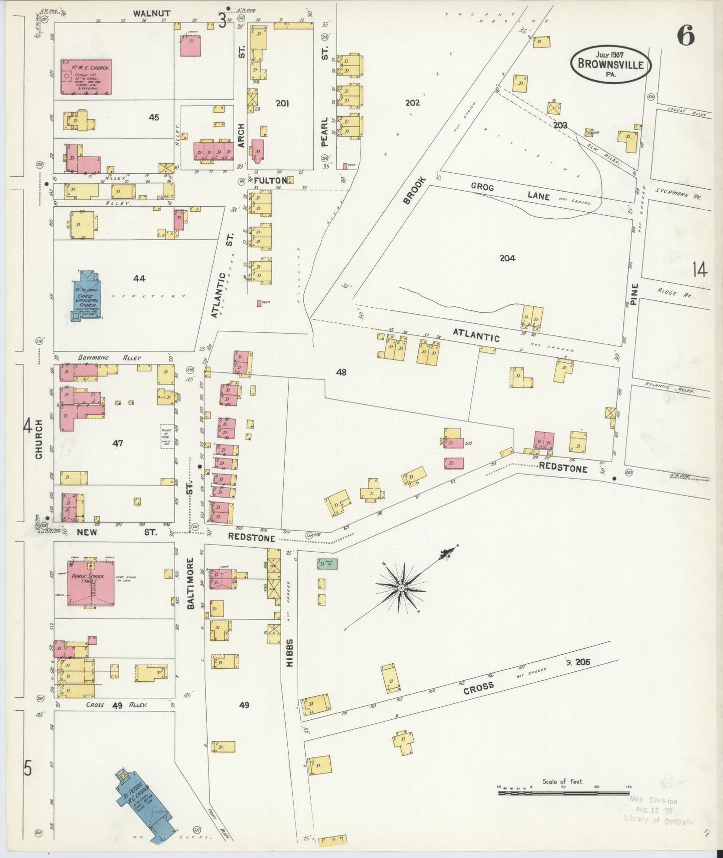 Sanborn Fire Insurance Map from Brownsville, Fayette County, Pennsylvania (1907), Sheet #0006 - Historic Sanborn Fire Insurance Map Print, vintage old map wall art, antique decor, genealogy gift, Pennsylvania Pennsylvania map