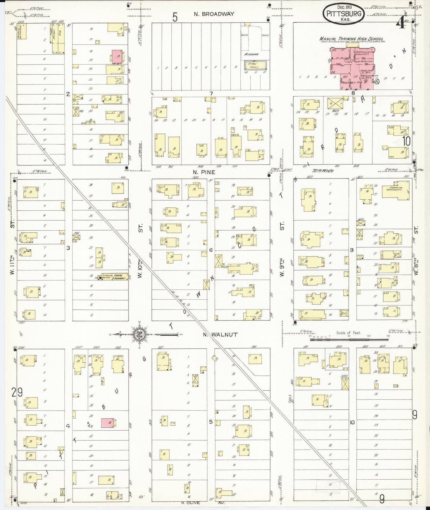 Sanborn Fire Insurance Map from Pittsburg, Crawford County, Kansas (1913), Sheet #0004 - Historic Sanborn Fire Insurance Map Print, vintage old map wall art, antique decor, genealogy gift, Kansas Kansas map