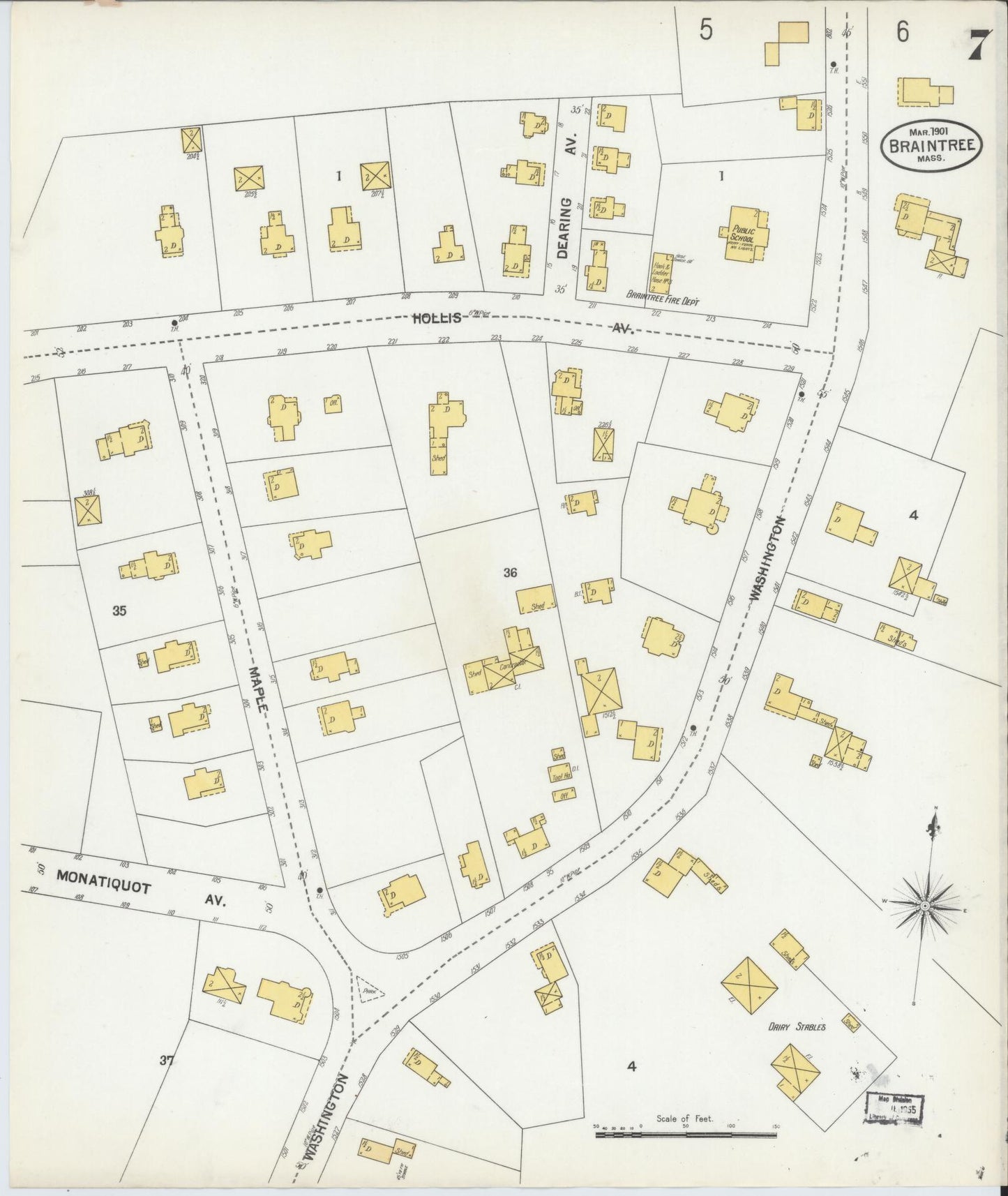 Sanborn Fire Insurance Map from Braintree, Norfolk County, Massachusetts (1901), Sheet #0007 - Historic Sanborn Fire Insurance Map Print, vintage old map wall art, antique decor, genealogy gift, Massachusetts Massachusetts map