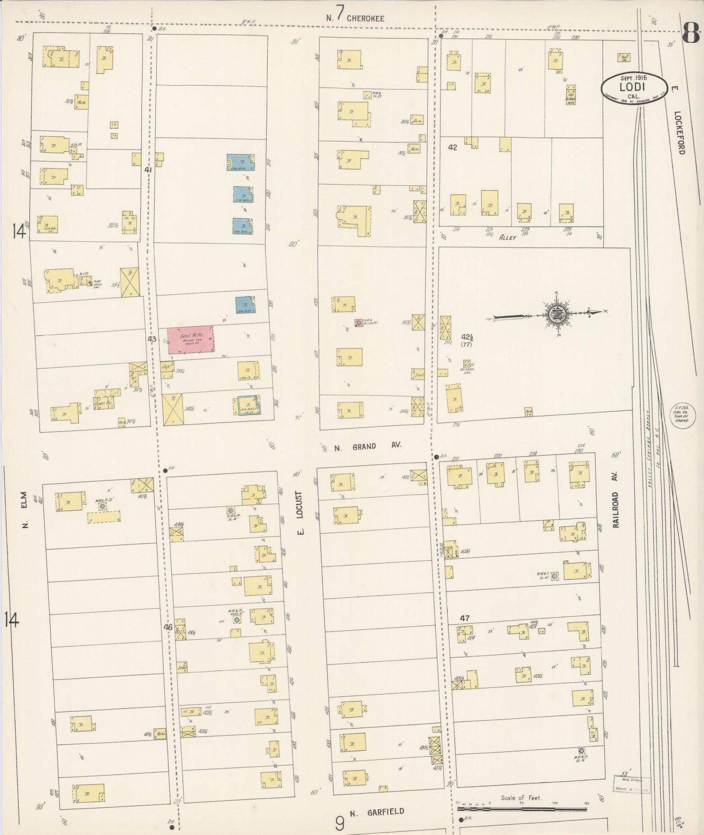 Sanborn Fire Insurance Map from Lodi, San Joaquin County, California (1916), Sheet #0008 - Historic Sanborn Fire Insurance Map Print, vintage old map wall art, antique decor, genealogy gift, California California map
