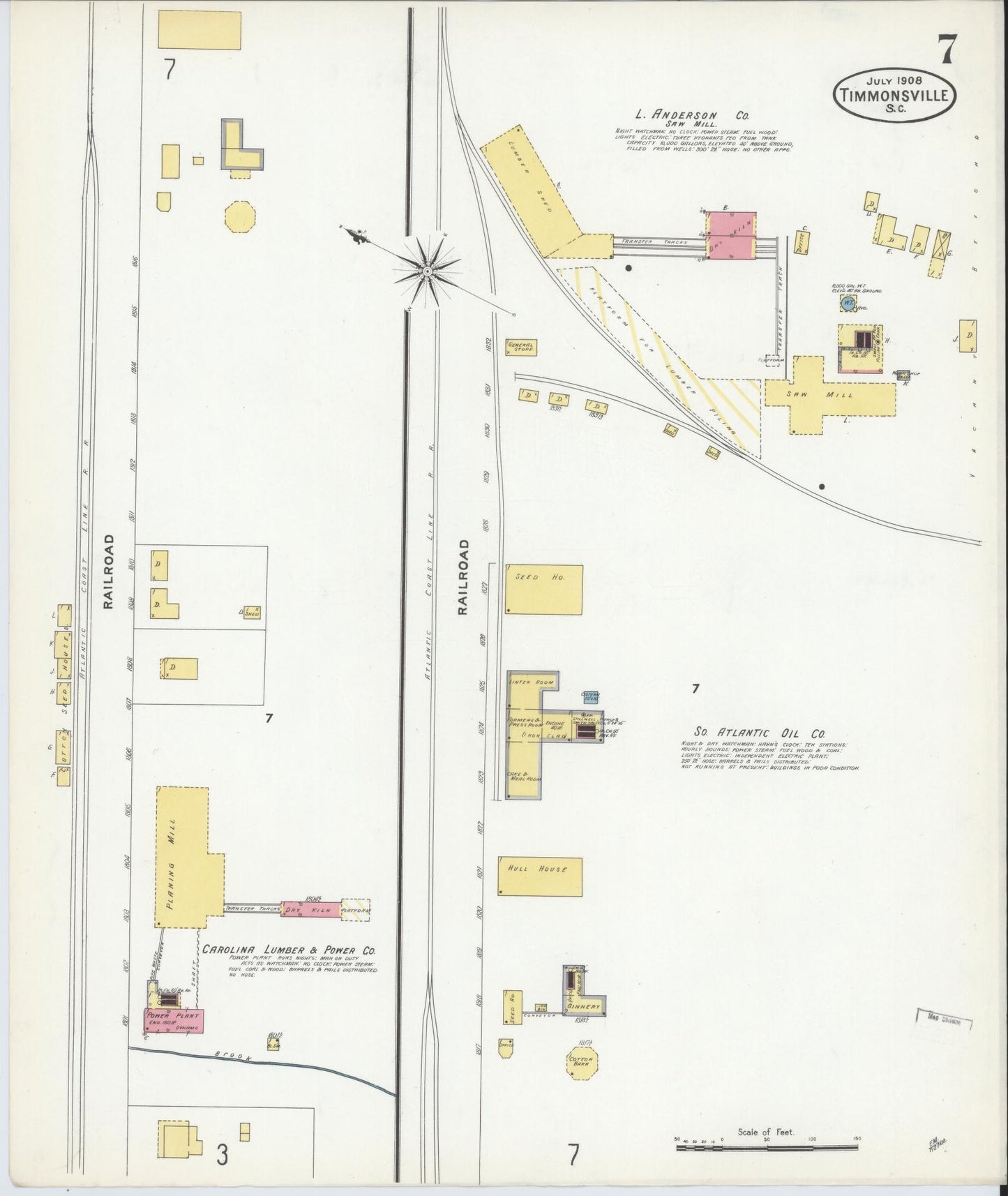 Sanborn Fire Insurance Map from Timmonsville, Florence County, South Carolina (1908), Sheet #0007 - Historic Sanborn Fire Insurance Map Print, vintage old map wall art, antique decor, genealogy gift, South Carolina South Carolina map