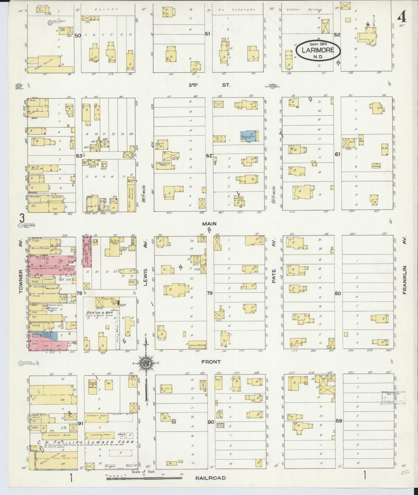 Sanborn Fire Insurance Map from Larimore, Grand Forks County, North Dakota (1910), Sheet #0004 - Historic Sanborn Fire Insurance Map Print, vintage old map wall art, antique decor, genealogy gift, North Dakota North Dakota map