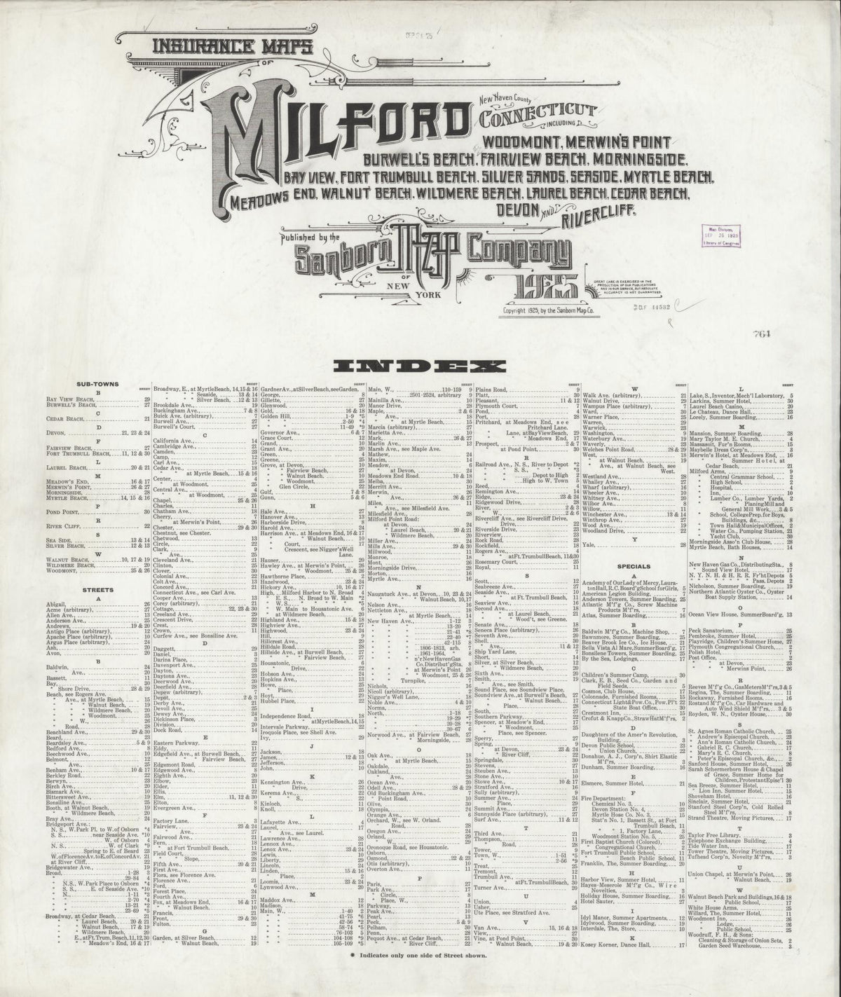 Sanborn Fire Insurance Map from Milford, New Haven County, Connecticut (1925), Sheet #0001 - Historic Sanborn Fire Insurance Map Print, vintage old map wall art, antique decor, genealogy gift, Connecticut Connecticut map