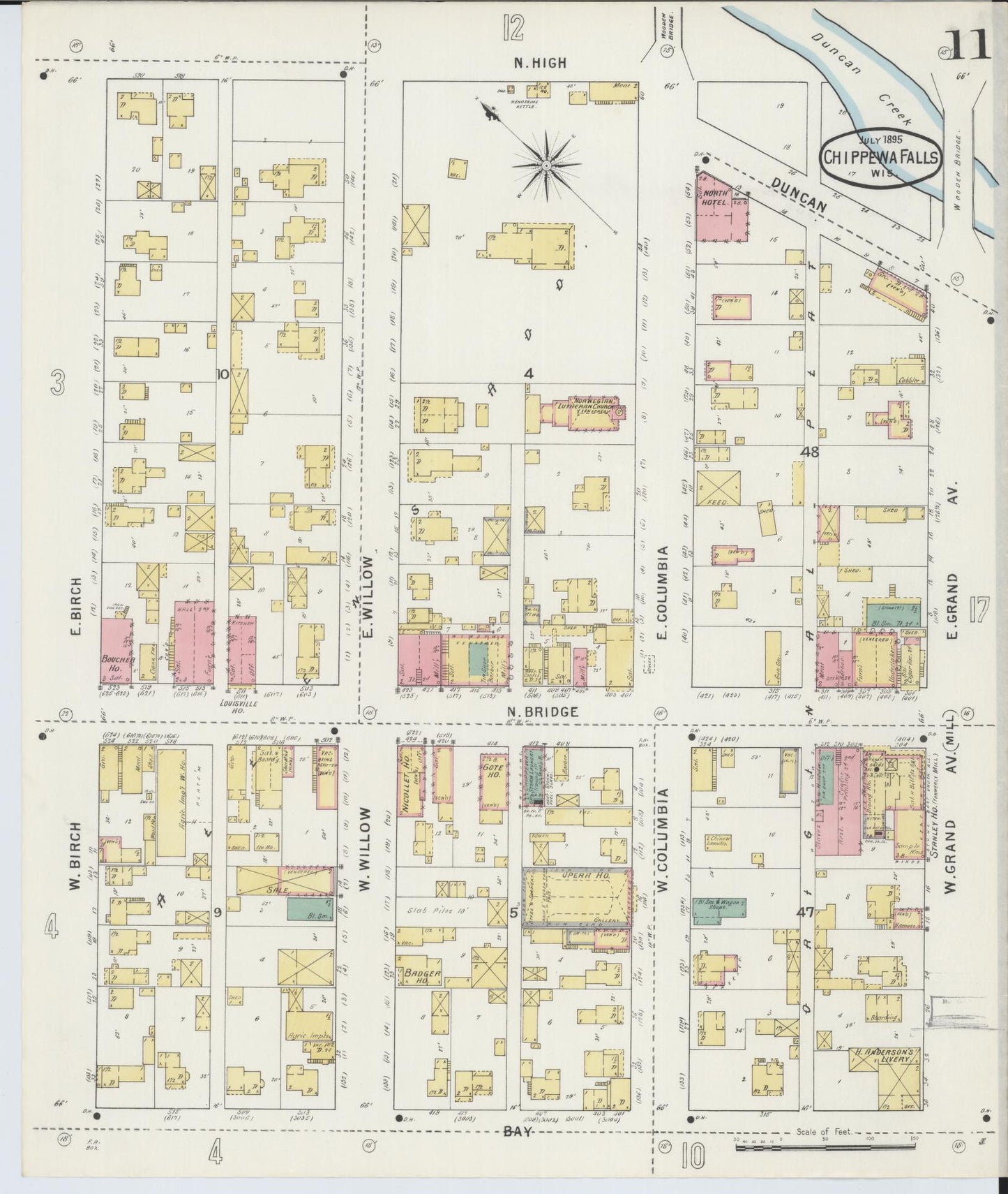 Sanborn Fire Insurance Map from Chippewa Falls, Chippewa County, Wisconsin (1895), Sheet #0011 - Historic Sanborn Fire Insurance Map Print, vintage old map wall art, antique decor, genealogy gift, Wisconsin Wisconsin map