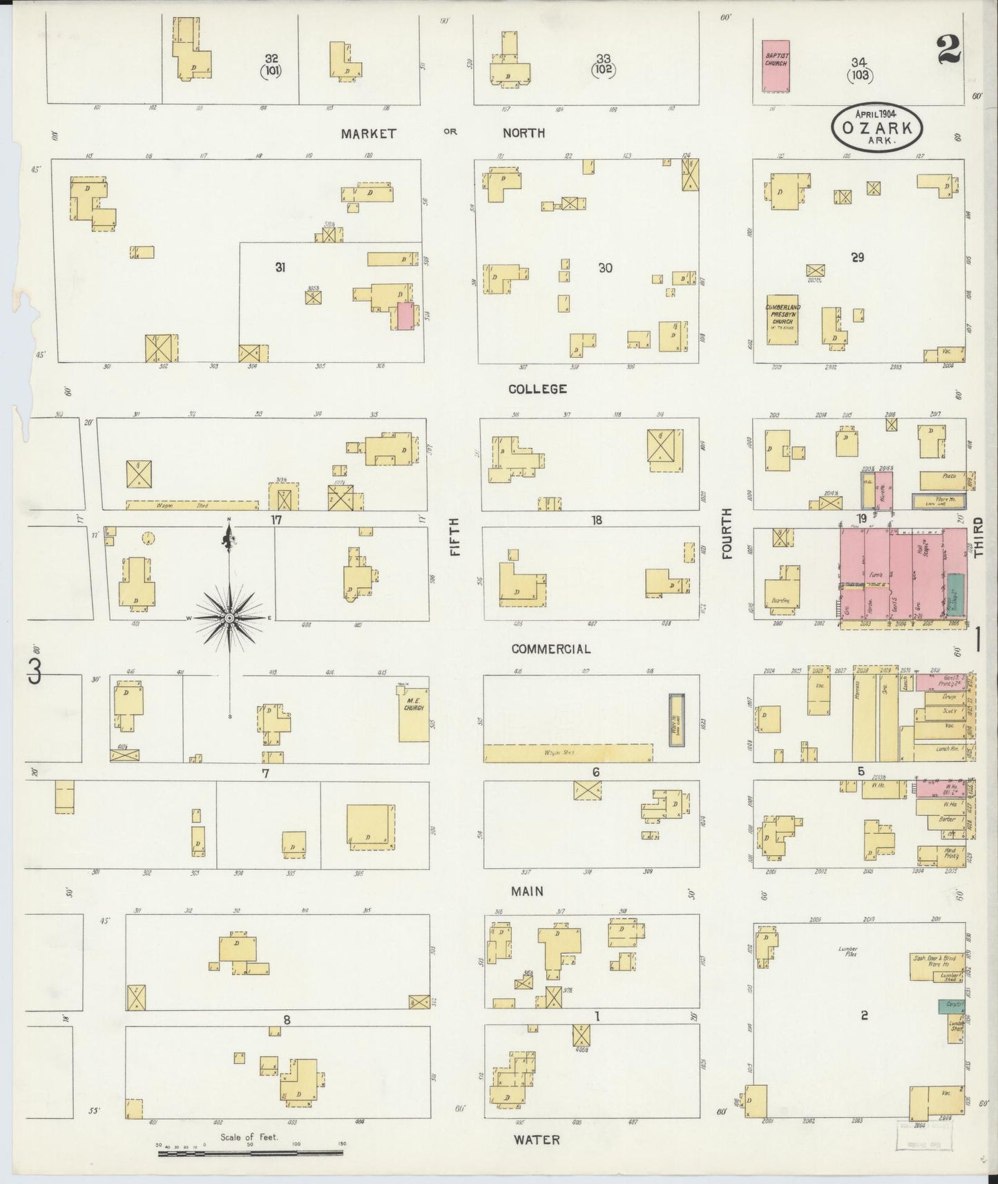Sanborn Fire Insurance Map from Ozark, Franklin County, Arkansas (1904), Sheet #0002 - Historic Sanborn Fire Insurance Map Print, vintage old map wall art, antique decor, genealogy gift, Arkansas Arkansas map