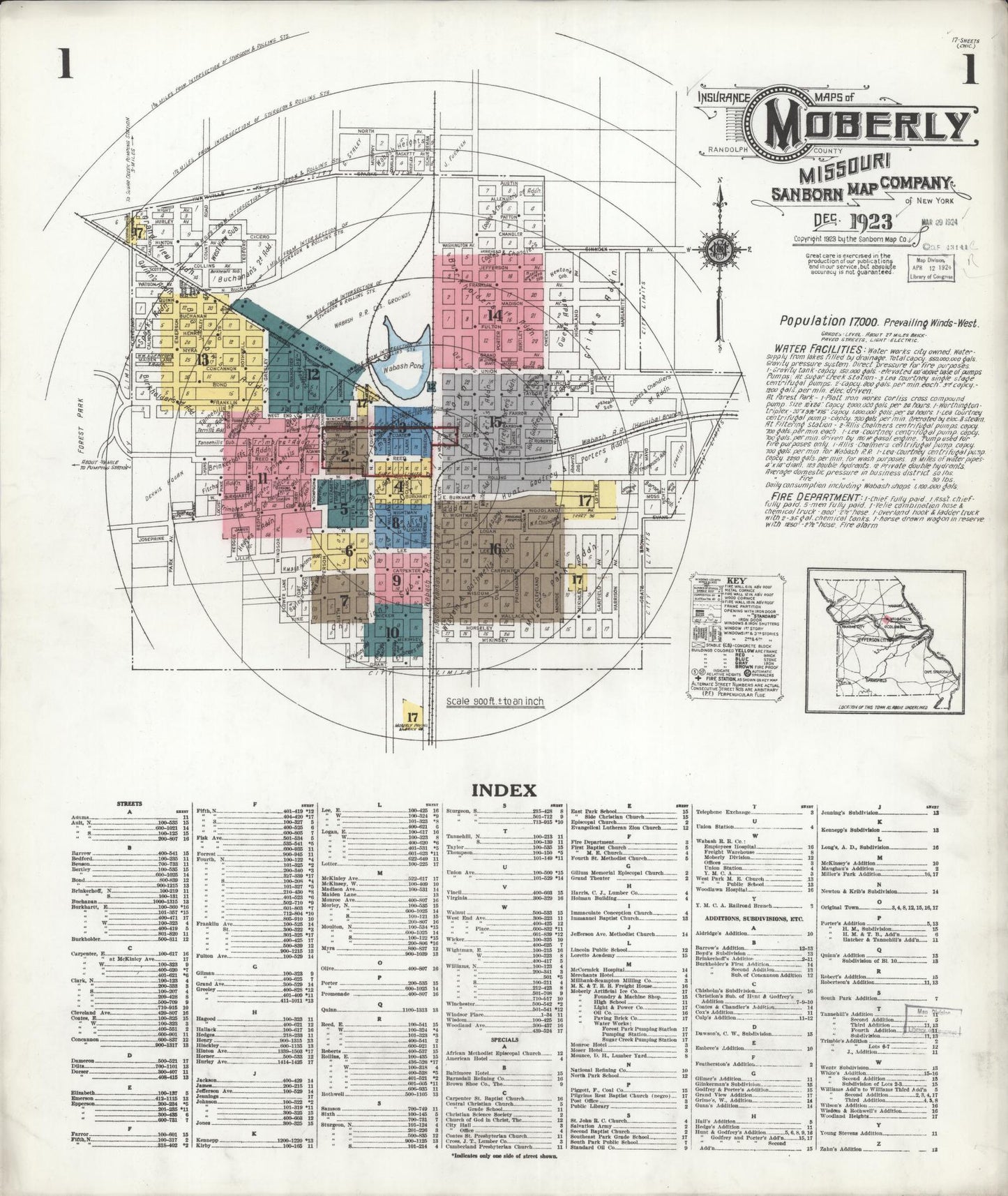 Sanborn Fire Insurance Map from Moberly, Randolph County, Missouri (1923), Sheet #0001 - Historic Sanborn Fire Insurance Map Print, vintage old map wall art, antique decor, genealogy gift, Missouri Missouri map