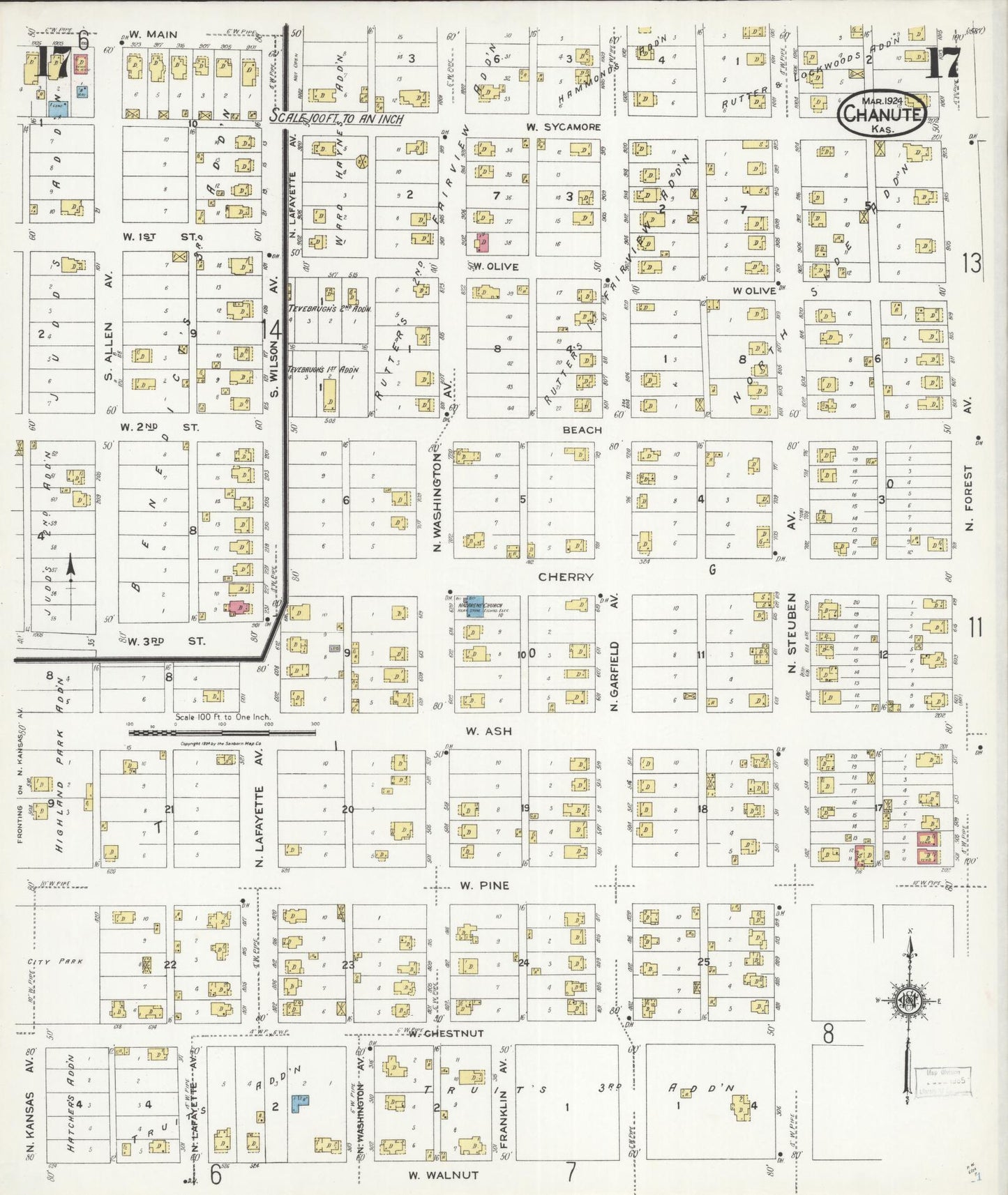 Sanborn Fire Insurance Map from Chanute, Neosho County, Kansas (1924), Sheet #0017 - Historic Sanborn Fire Insurance Map Print, vintage old map wall art, antique decor, genealogy gift, Kansas Kansas map