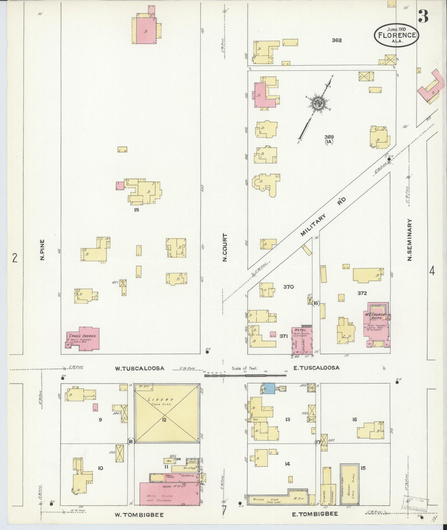 Sanborn Fire Insurance Map from Florence, Lauderdale County, Alabama (1910), Sheet #0003 - Historic Sanborn Fire Insurance Map Print, vintage old map wall art, antique decor, genealogy gift, Alabama Alabama map