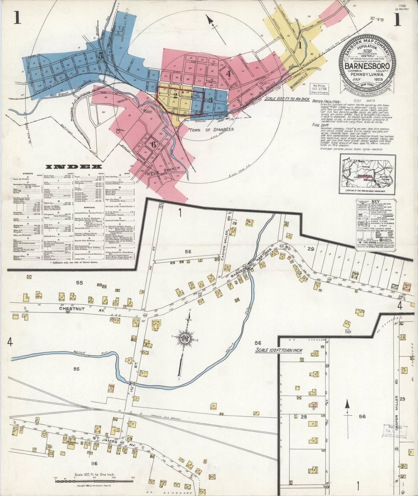 Sanborn Fire Insurance Map from Barnesboro, Cambria County, Pennsylvania (1923), Sheet #0001 - Historic Sanborn Fire Insurance Map Print, vintage old map wall art, antique decor, genealogy gift, Pennsylvania Pennsylvania map