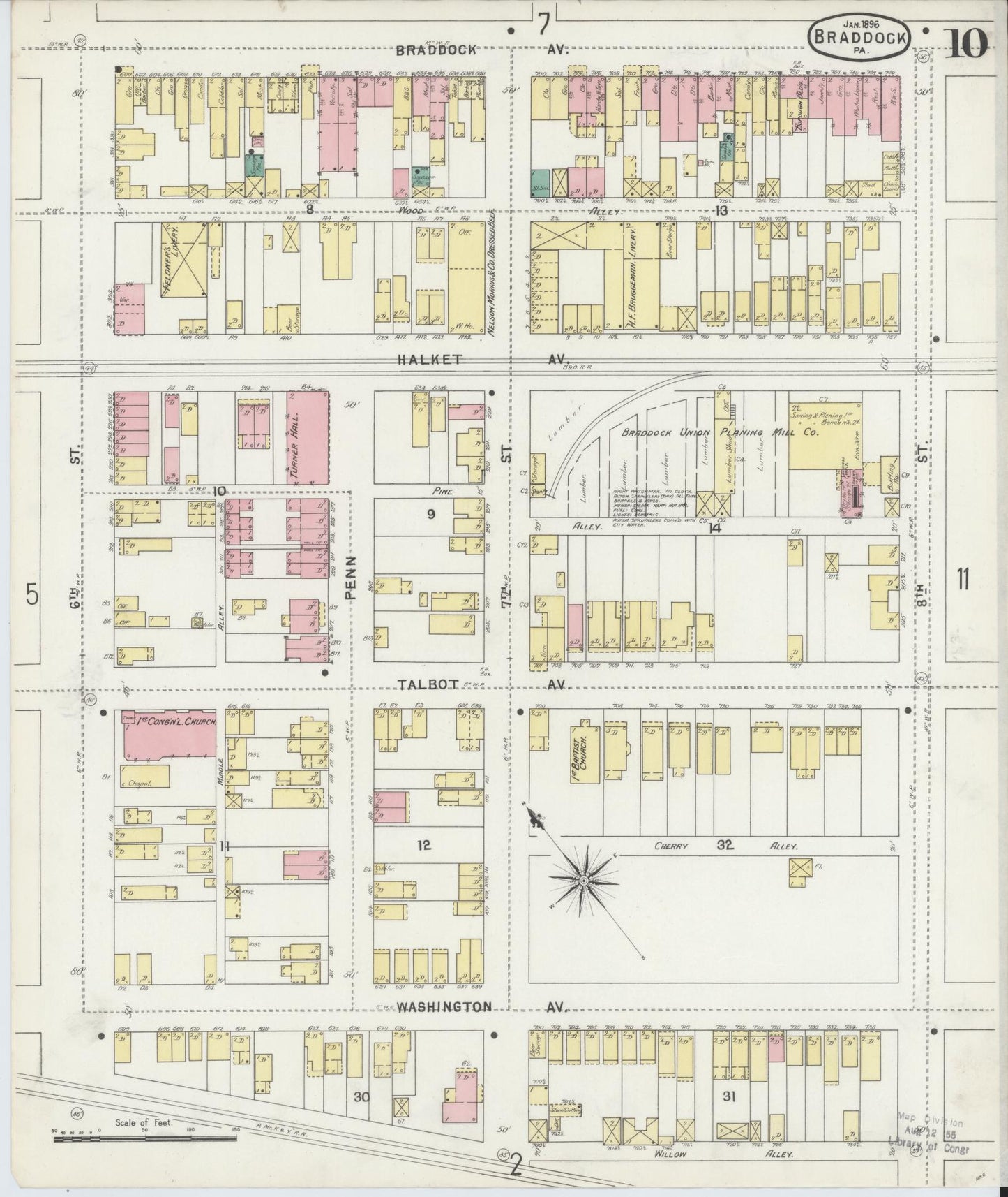 Sanborn Fire Insurance Map from Braddock, Allegheny County, Pennsylvania (1896), Sheet #0010 - Historic Sanborn Fire Insurance Map Print, vintage old map wall art, antique decor, genealogy gift, Pennsylvania Pennsylvania map