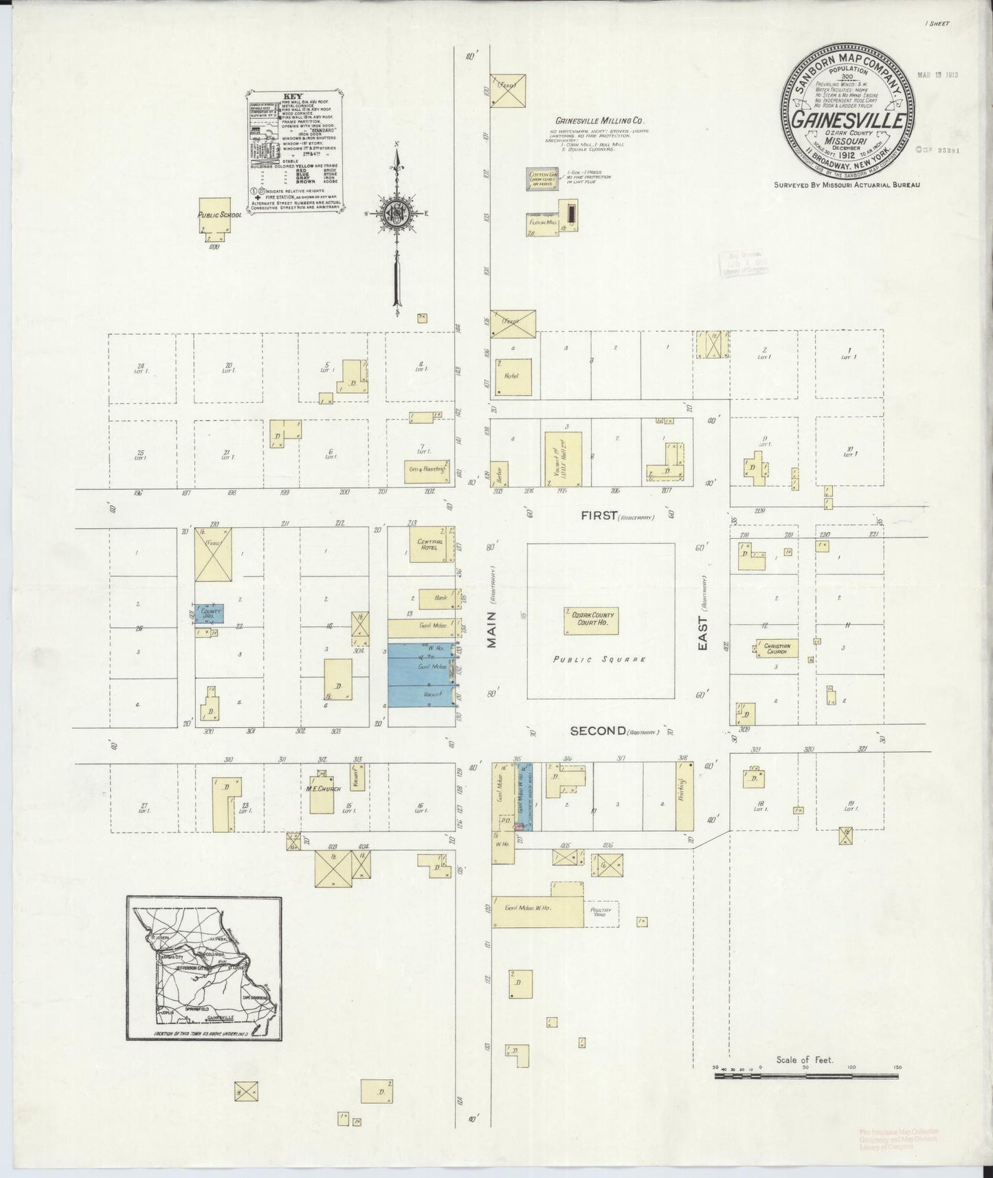 Sanborn Fire Insurance Map from Gainesville, Ozark County, Missouri (1912), Sheet #0001 - Historic Sanborn Fire Insurance Map Print, vintage old map wall art, antique decor, genealogy gift, Missouri Missouri map