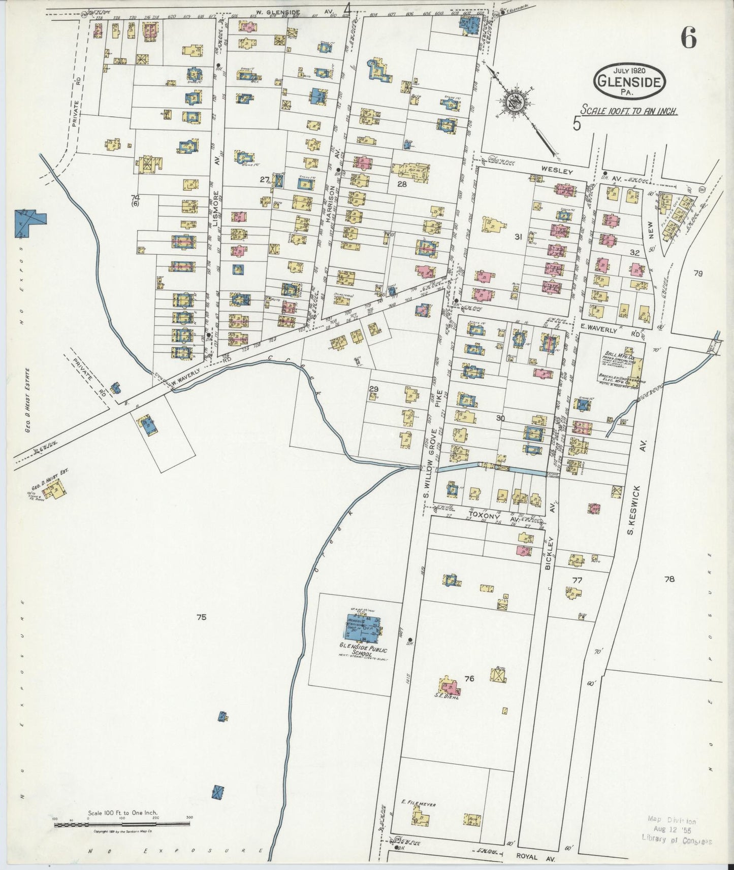 Sanborn Fire Insurance Map from Glenside, Montgomery County, Pennsylvania (1920), Sheet #0006 - Historic Sanborn Fire Insurance Map Print, vintage old map wall art, antique decor, genealogy gift, Pennsylvania Pennsylvania map