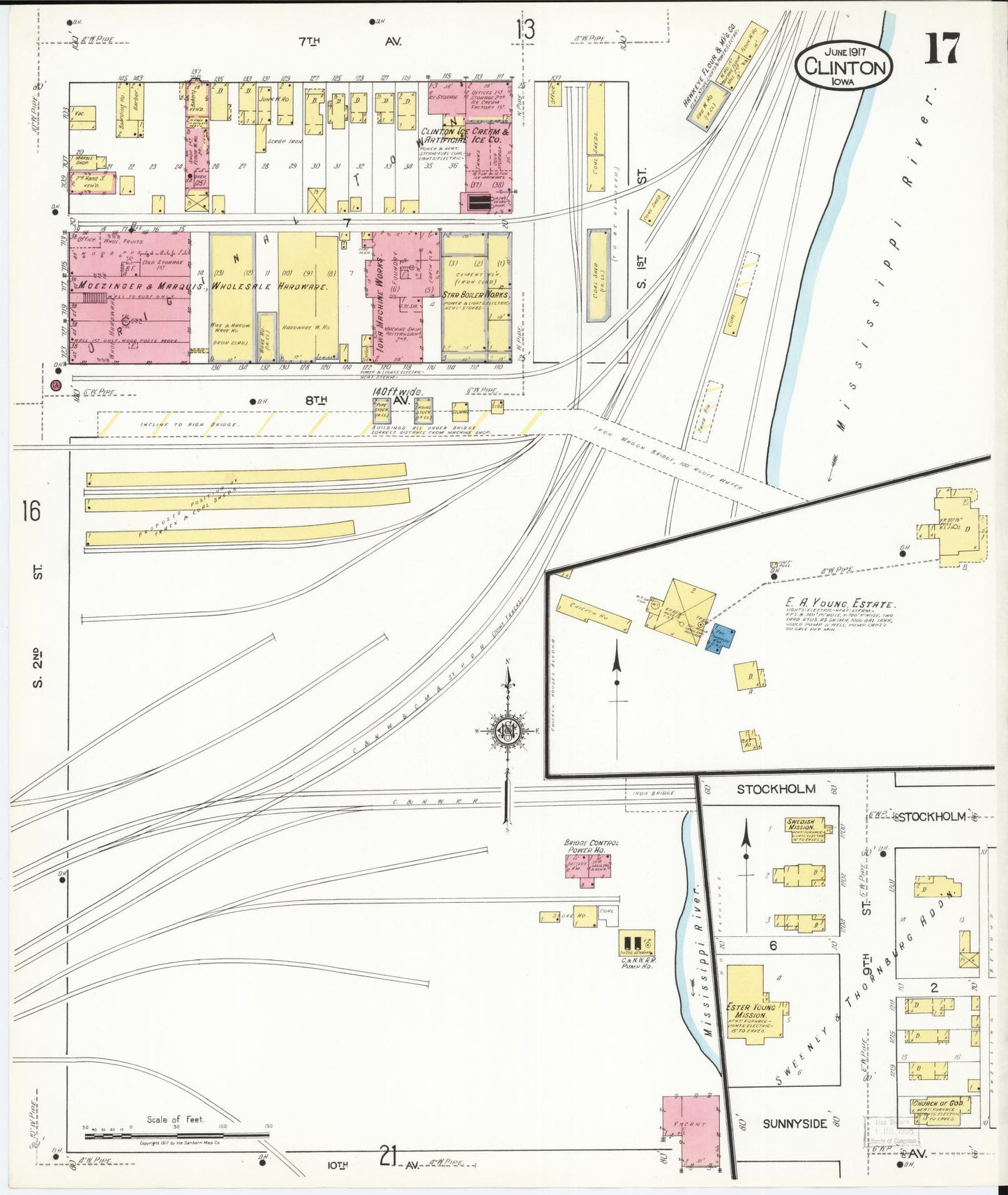 Sanborn Fire Insurance Map from Clinton, Clinton County, Iowa (1917), Sheet #0017 - Historic Sanborn Fire Insurance Map Print, vintage old map wall art