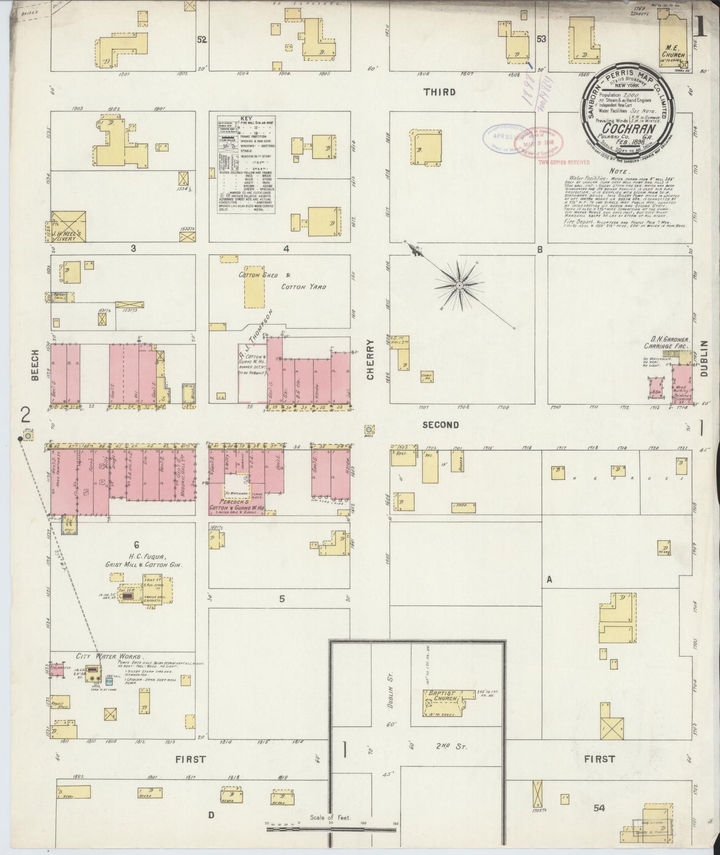 Sanborn Fire Insurance Map from Cochran, Bleckley County, Georgia (1898), Sheet #0001 - Historic Sanborn Fire Insurance Map Print, vintage old map wall art, antique decor, genealogy gift, Georgia Georgia map