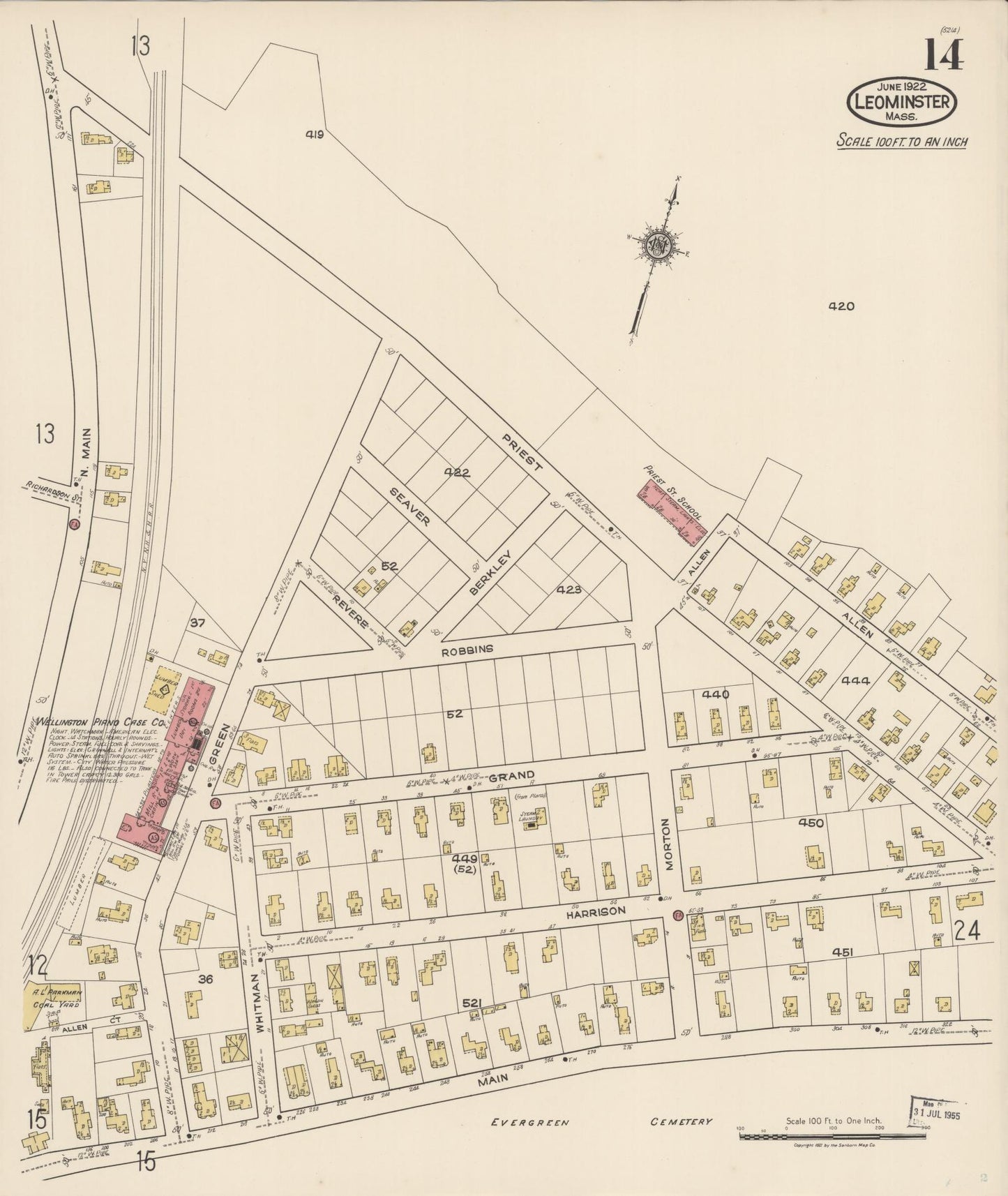 Sanborn Fire Insurance Map from Leominster, Worcester County, Massachusetts (1922), Sheet #0014 - Historic Sanborn Fire Insurance Map Print, vintage old map wall art, antique decor, genealogy gift, Massachusetts Massachusetts map