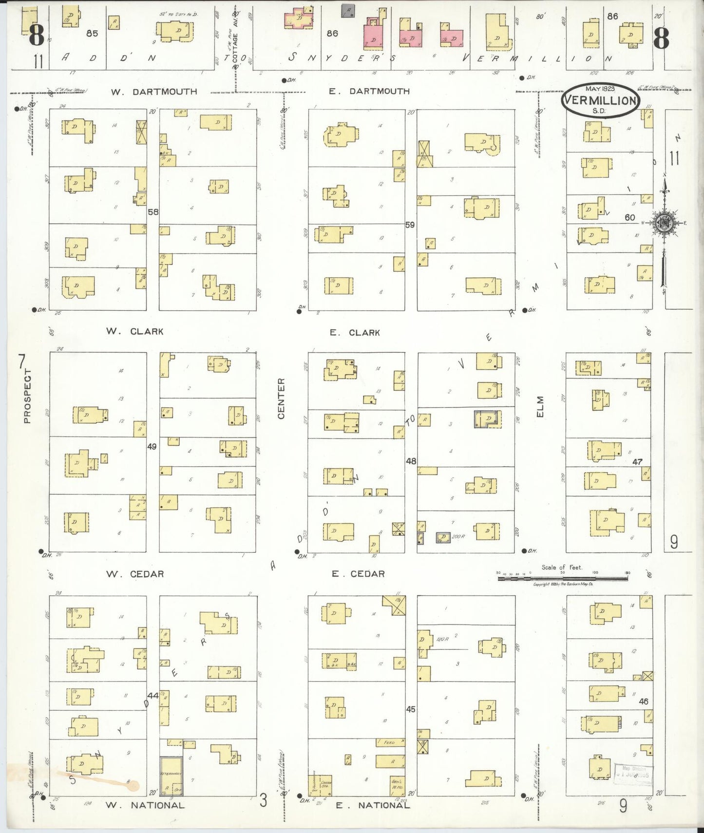 Sanborn Fire Insurance Map from Vermillion, Clay County, South Dakota (1923), Sheet #0008 - Historic Sanborn Fire Insurance Map Print, vintage old map wall art, antique decor, genealogy gift, South Dakota South Dakota map
