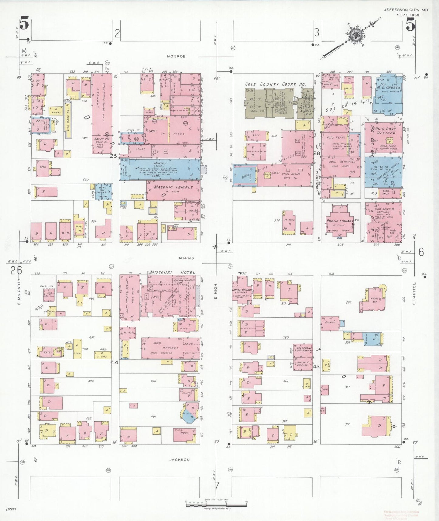 Sanborn Fire Insurance Map from Jefferson City, Cole County, Missouri (1939), Sheet #0005 - Historic Sanborn Fire Insurance Map Print, vintage old map wall art, antique decor, genealogy gift, Missouri Missouri map