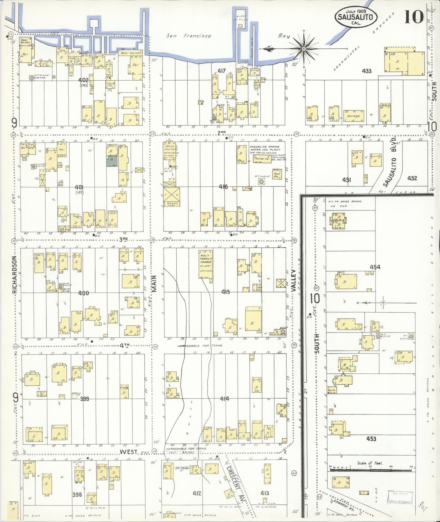 Sanborn Fire Insurance Map from Sausalito, Marin County, California (1909), Sheet #0010 - Complete Map Set gallery image, historic Sanborn map, vintage wall art, California California
