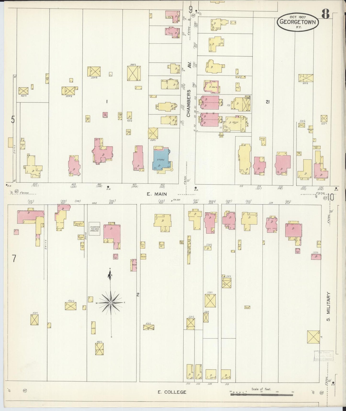 Sanborn Fire Insurance Map from Georgetown, Scott County, Kentucky (1907), Sheet #0008 - Historic Sanborn Fire Insurance Map Print, vintage old map wall art, antique decor, genealogy gift, Kentucky Kentucky map