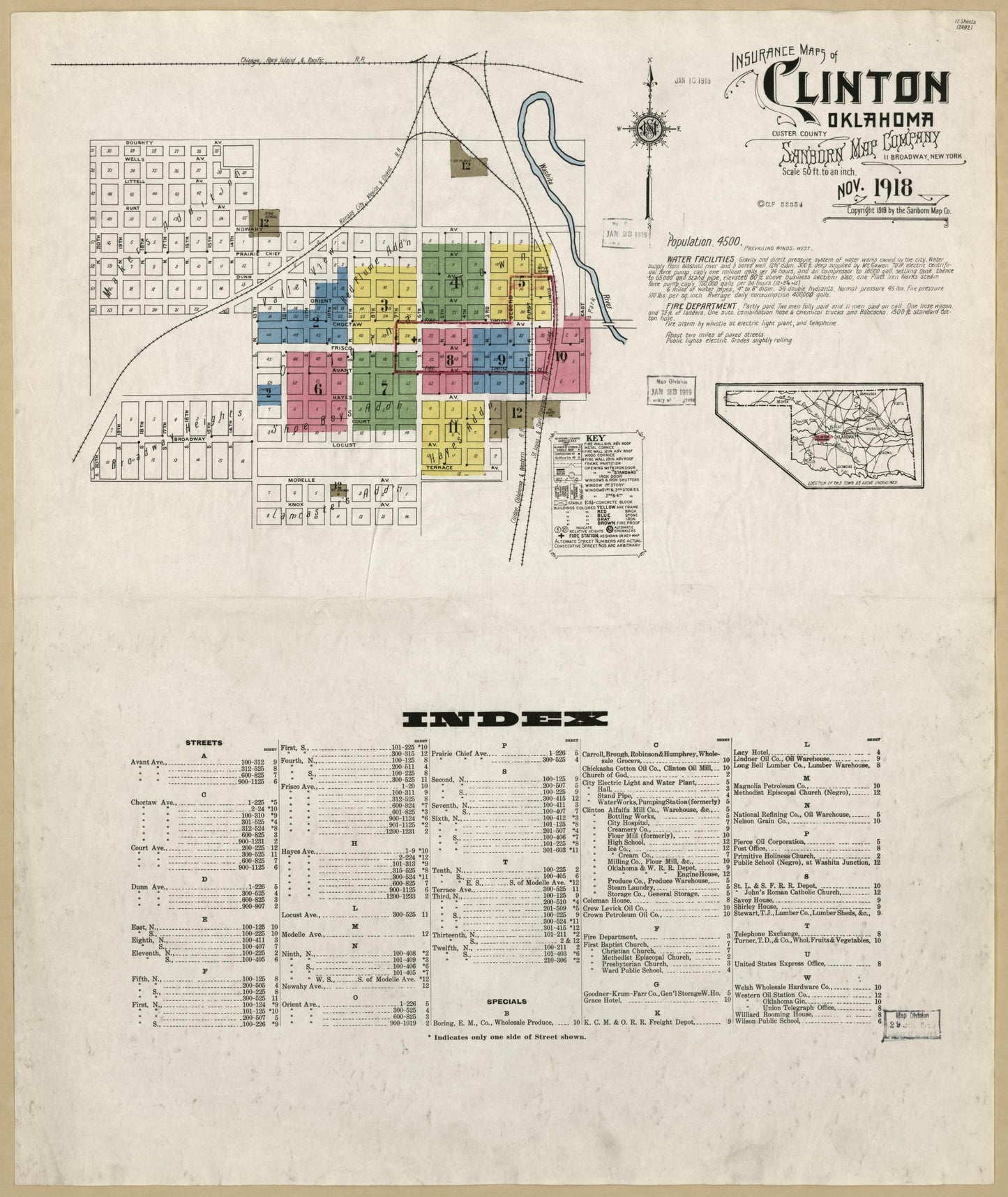 Sanborn Fire Insurance Map from Clinton, Custer County, Oklahoma (1918), Sheet #0001 - Historic Sanborn Fire Insurance Map Print, vintage old map wall art, antique decor, genealogy gift, Oklahoma Oklahoma map