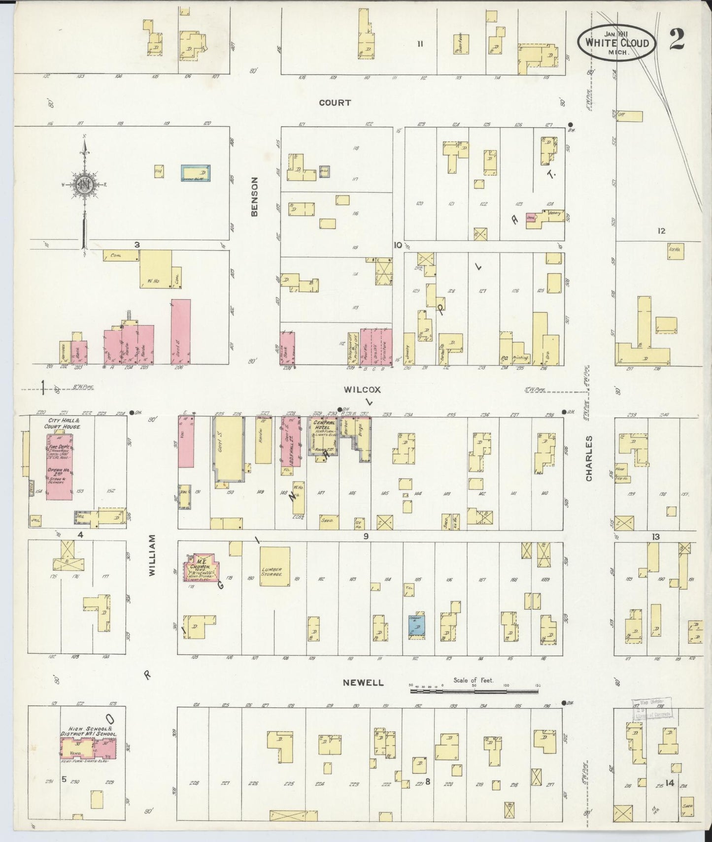 Sanborn Fire Insurance Map from White Cloud, Newaygo County, Michigan (1911), Sheet #0002 - Complete Map Set gallery image, historic Sanborn map, vintage wall art, Michigan Michigan