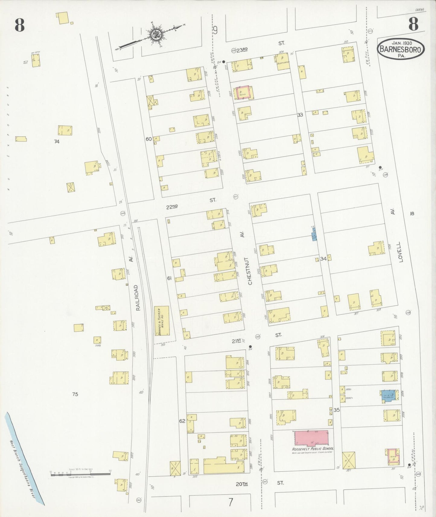 Sanborn Fire Insurance Map from Barnesboro, Cambria County, Pennsylvania (1930), Sheet #0008 - Historic Sanborn Fire Insurance Map Print, vintage old map wall art, antique decor, genealogy gift, Pennsylvania Pennsylvania map
