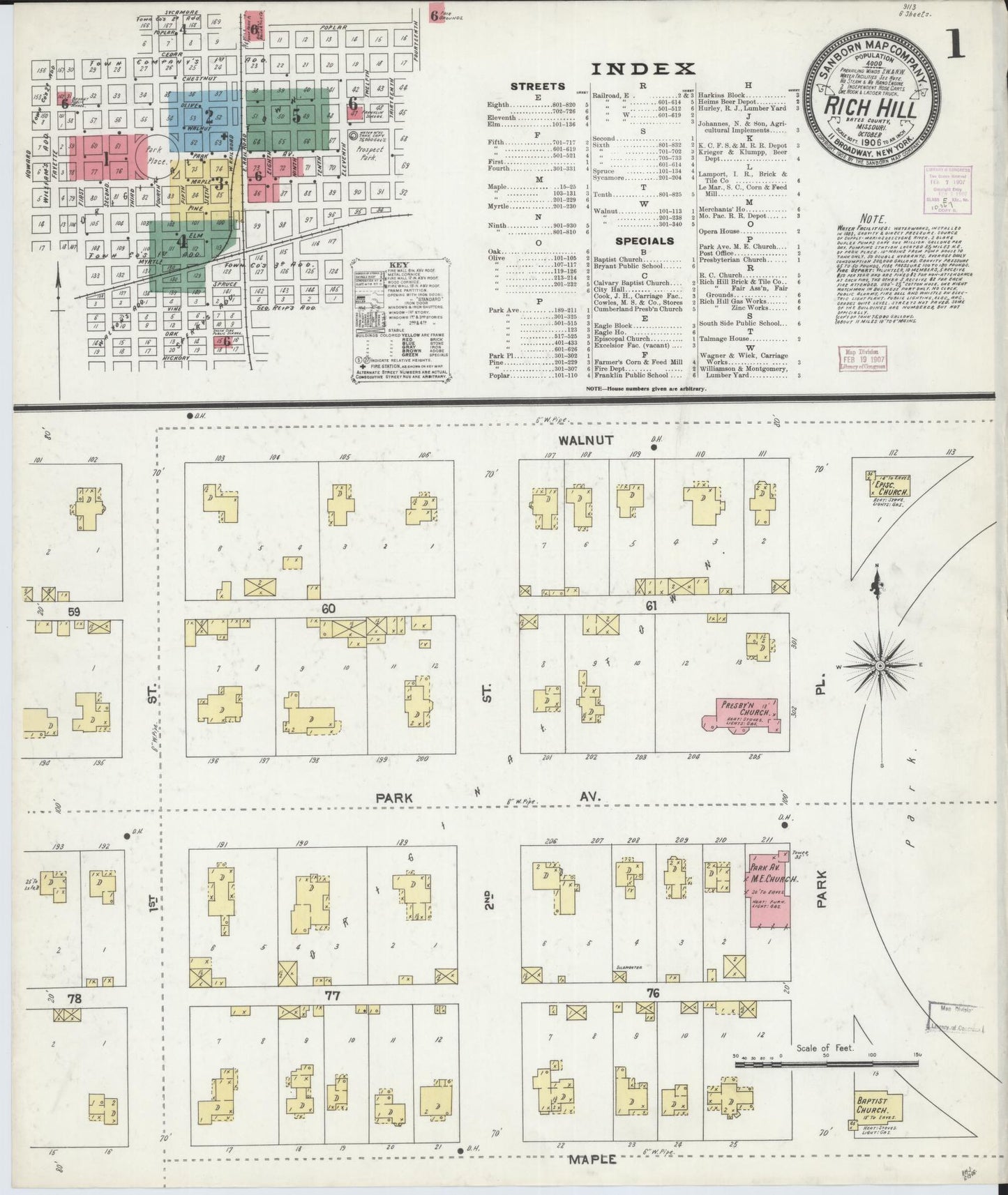 Sanborn Fire Insurance Map from Rich Hill, Bates County, Missouri (1906), Sheet #0001 - Historic Sanborn Fire Insurance Map Print, vintage old map wall art, antique decor, genealogy gift, Missouri Missouri map