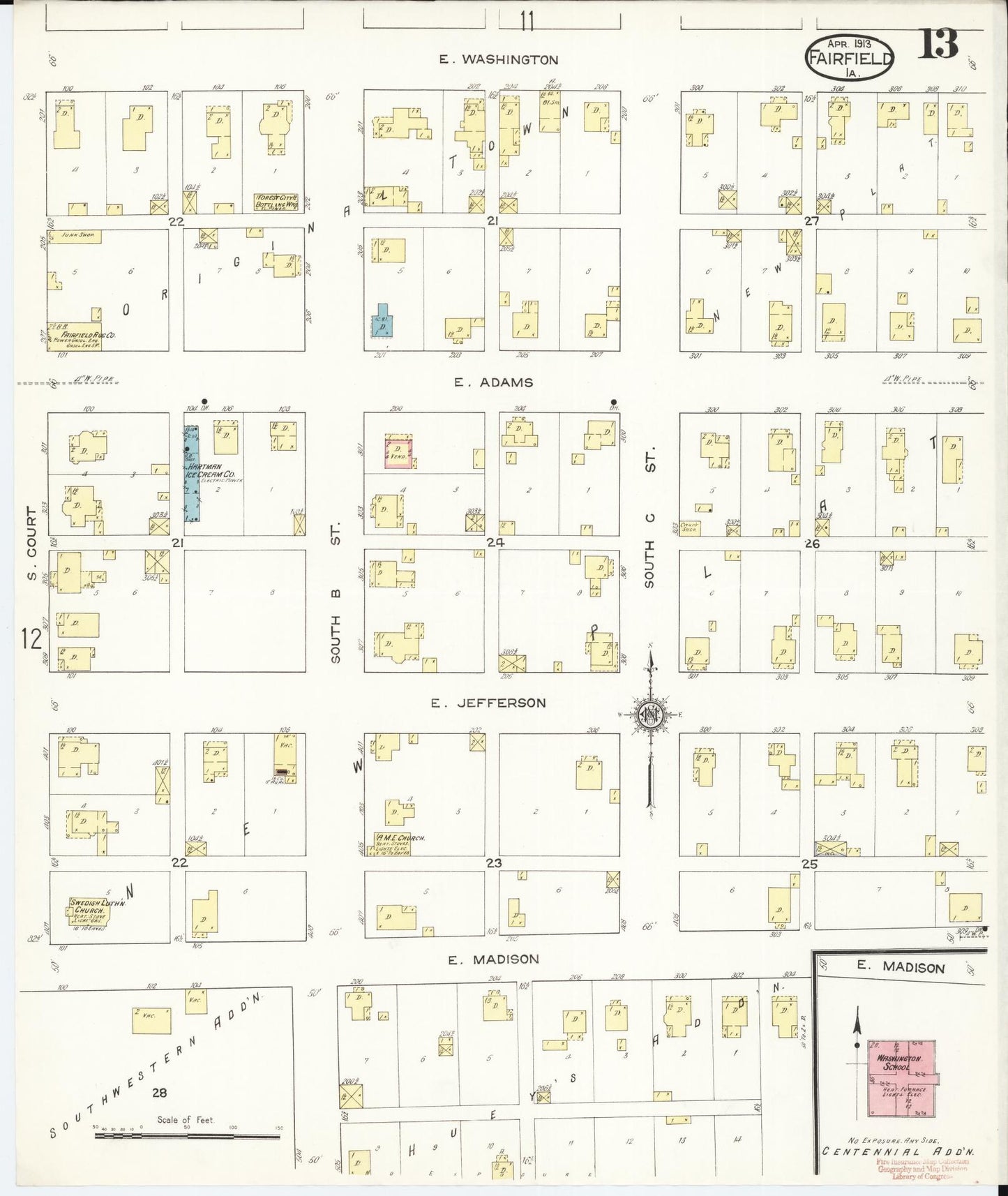 Sanborn Fire Insurance Map from Fairfield, Jefferson County, Iowa (1913), Sheet #0013 - Historic Sanborn Fire Insurance Map Print, vintage old map wall art