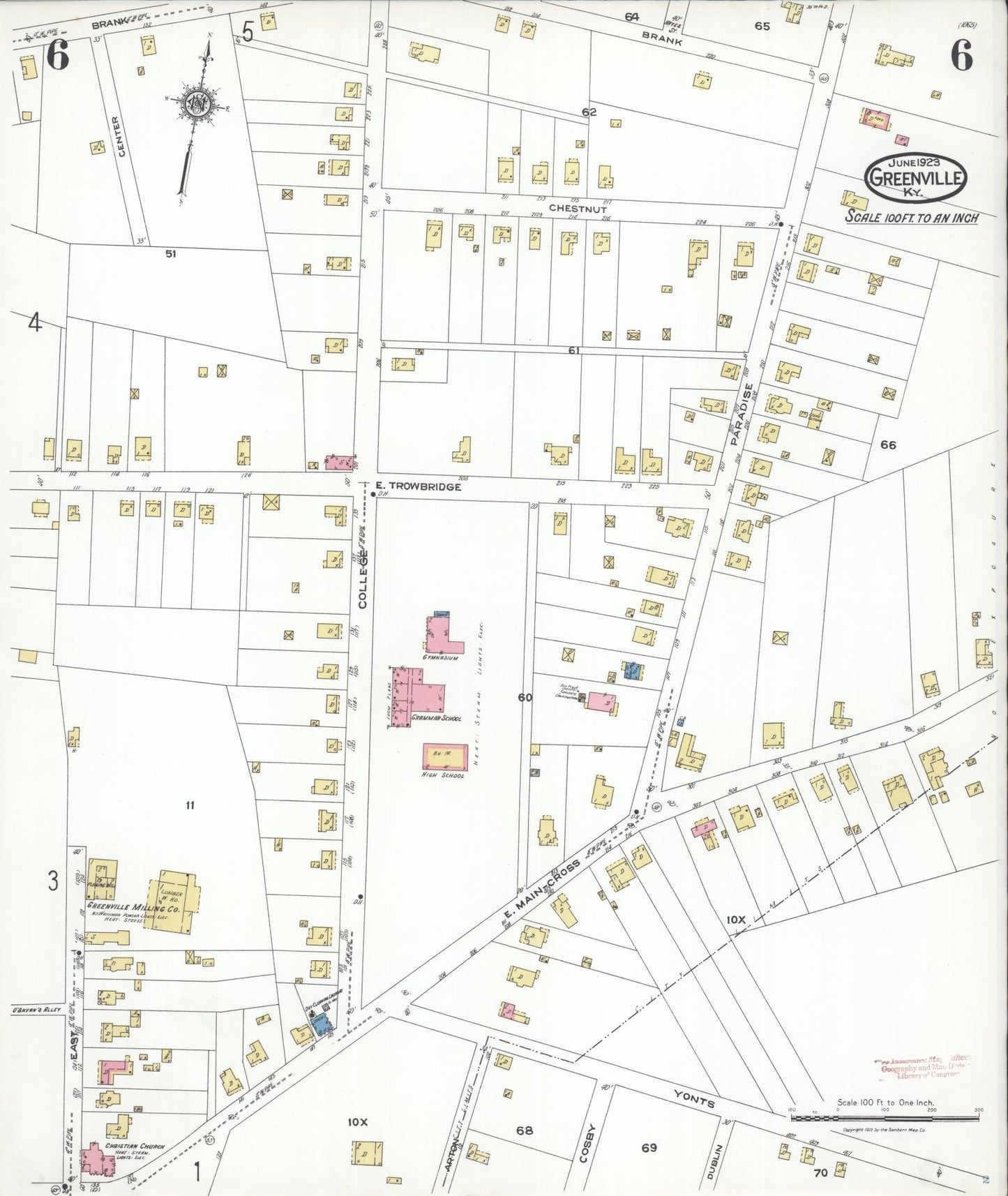 Sanborn Fire Insurance Map from Greenville, Muhlenberg County, Kentucky (1923), Sheet #0006 - Historic Sanborn Fire Insurance Map Print, vintage old map wall art, antique decor, genealogy gift, Kentucky Kentucky map