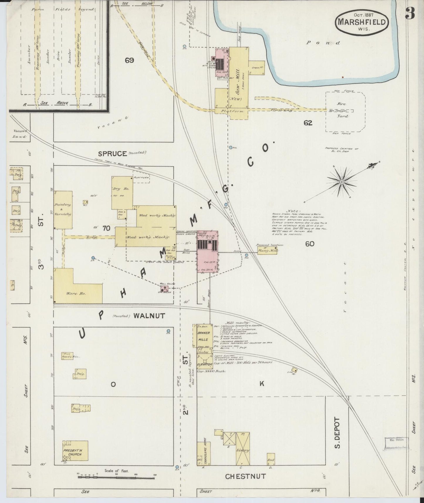 Sanborn Fire Insurance Map from Marshfield, Wood County, Wisconsin (1887), Sheet #0003 - Historic Sanborn Fire Insurance Map Print, vintage old map wall art, antique decor, genealogy gift, Wisconsin Wisconsin map
