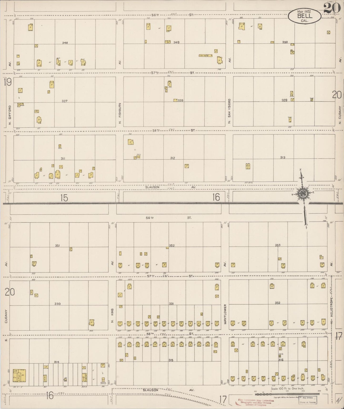 Sanborn Fire Insurance Map from Bell, Los Angeles County, California (1922), Sheet #0020 - Historic Sanborn Fire Insurance Map Print, vintage old map wall art, antique decor, genealogy gift, California California map