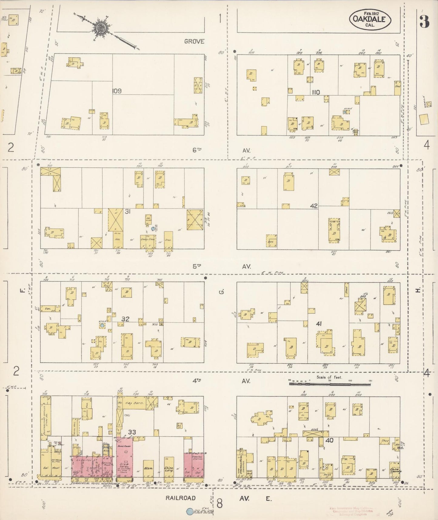 Sanborn Fire Insurance Map from Oakdale, Stanislaus County, California (1912), Sheet #0003 - Historic Sanborn Fire Insurance Map Print, vintage old map wall art, antique decor, genealogy gift, California California map