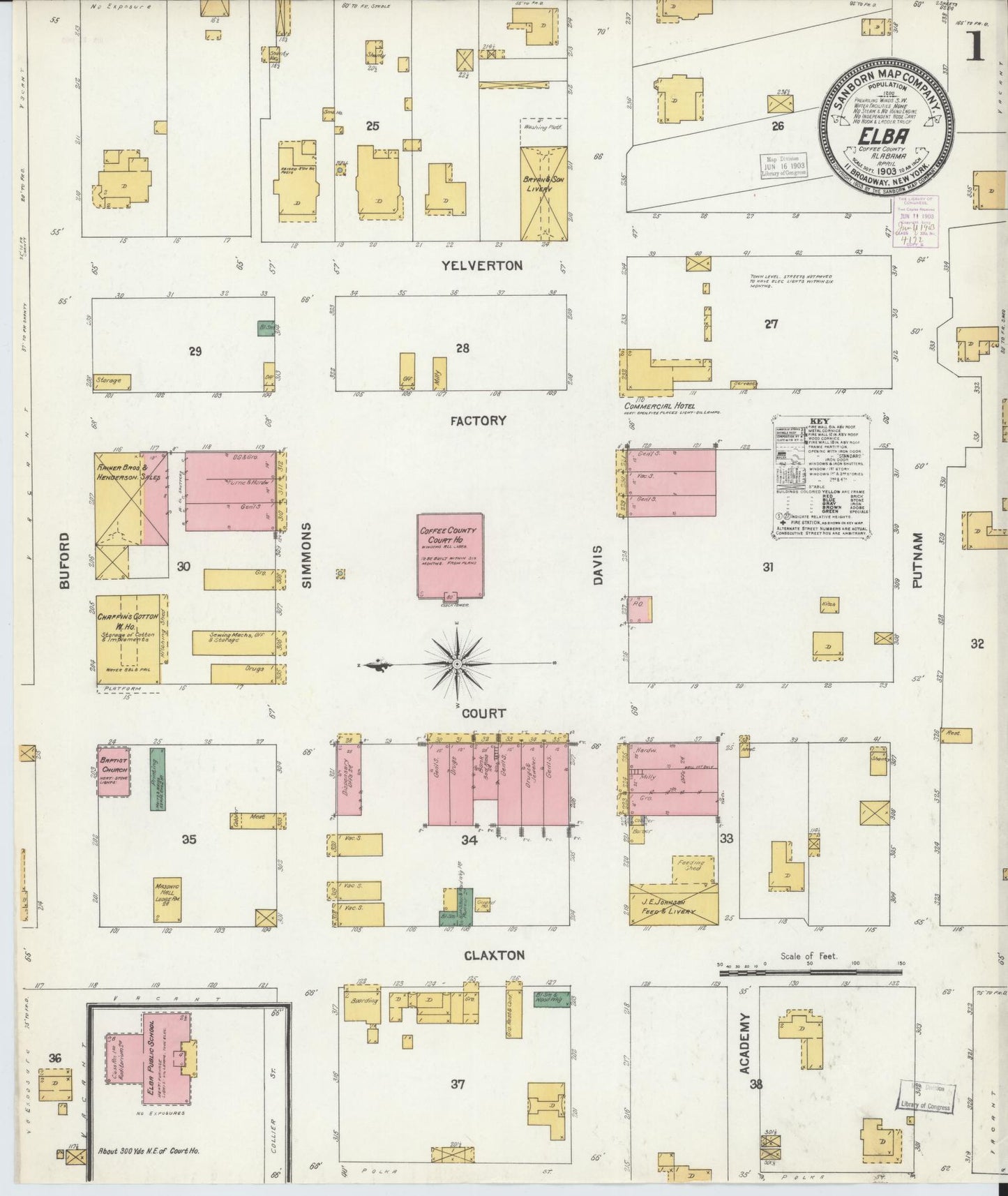 Sanborn Fire Insurance Map from Elba, Coffee County, Alabama (1903), Sheet #0001 - Historic Sanborn Fire Insurance Map Print, vintage old map wall art, antique decor, genealogy gift, Alabama Alabama map