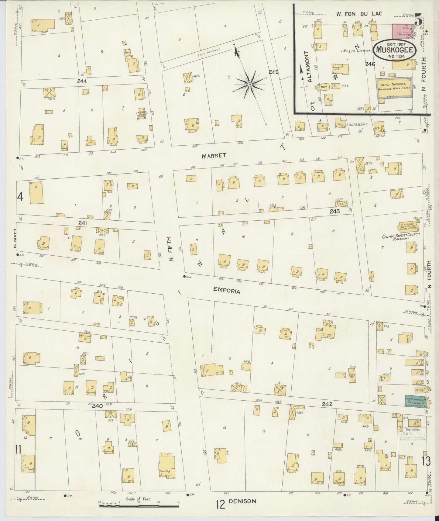 Sanborn Fire Insurance Map from Muskogee, Muskogee County, Oklahoma (1907), Sheet #0005 - Historic Sanborn Fire Insurance Map Print, vintage old map wall art, antique decor, genealogy gift, Oklahoma Oklahoma map