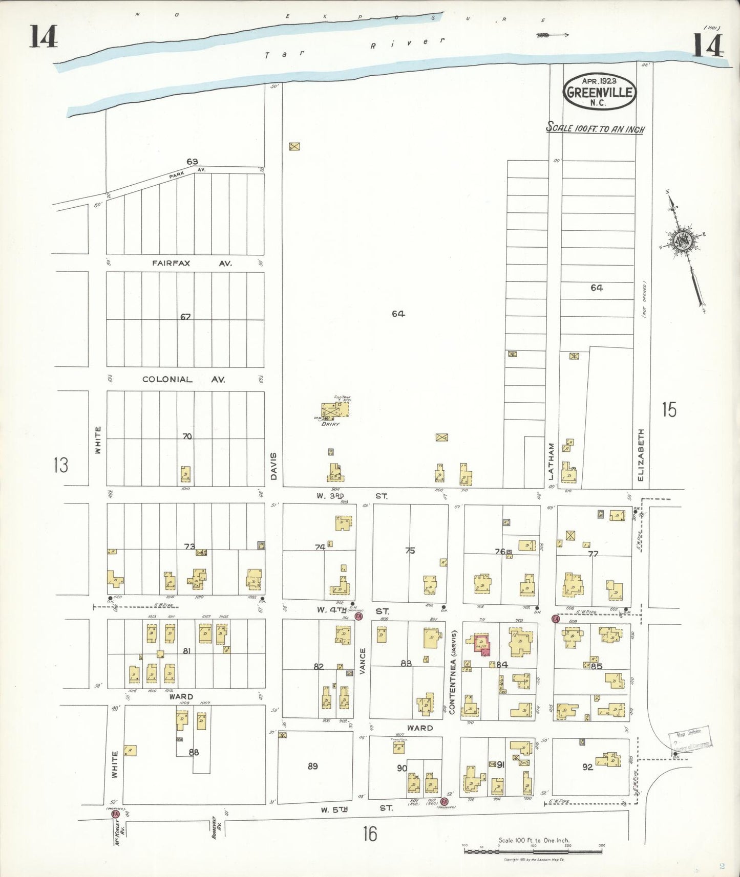 Sanborn Fire Insurance Map from Greenville, Pitt County, North Carolina (1923), Sheet #0014 - Historic Sanborn Fire Insurance Map Print, vintage old map wall art, antique decor, genealogy gift, North Carolina North Carolina map