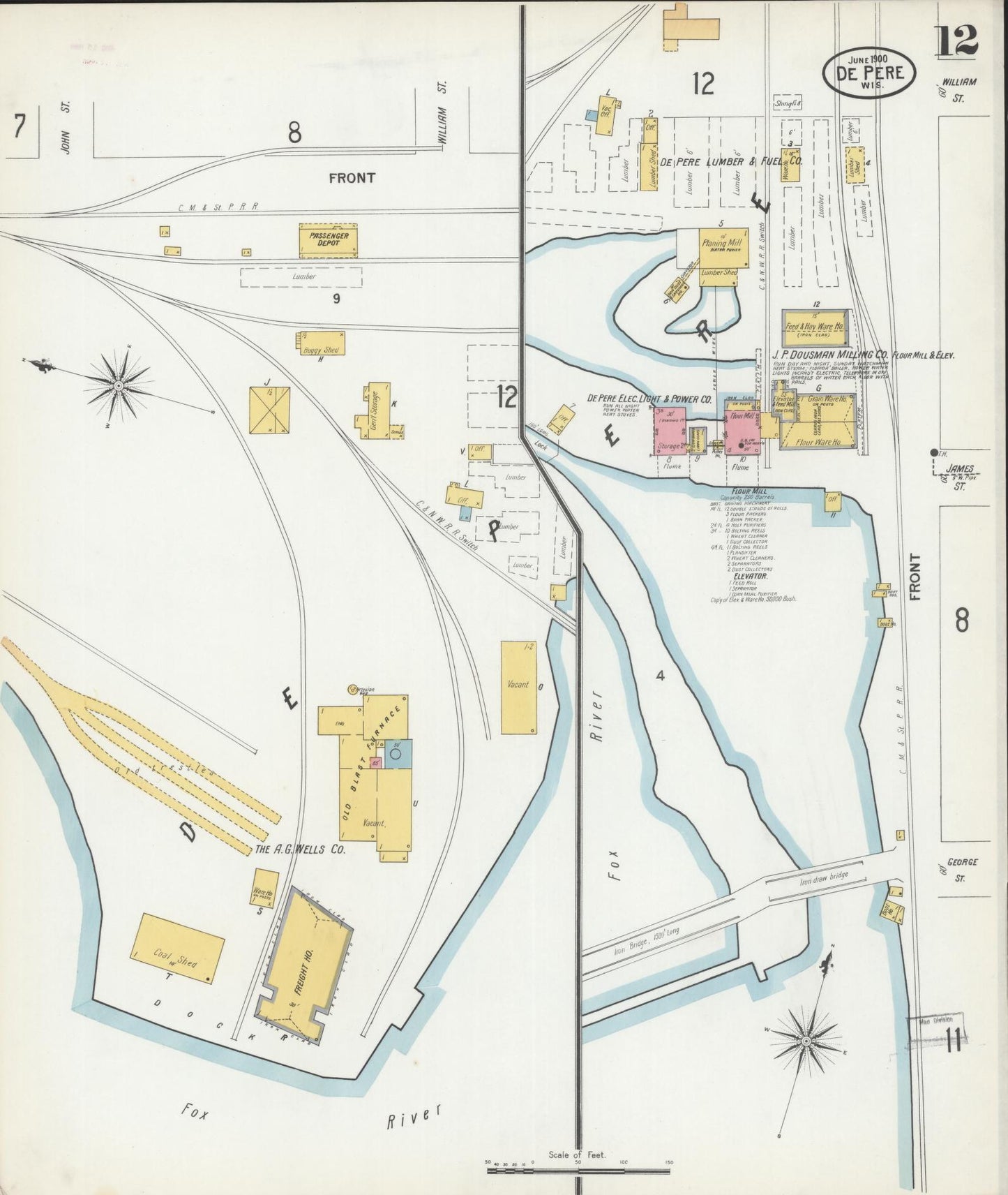 Sanborn Fire Insurance Map from De Pere, Brown County, Wisconsin (1900), Sheet #0012 - Historic Sanborn Fire Insurance Map Print, vintage old map wall art, antique decor, genealogy gift, Wisconsin Wisconsin map