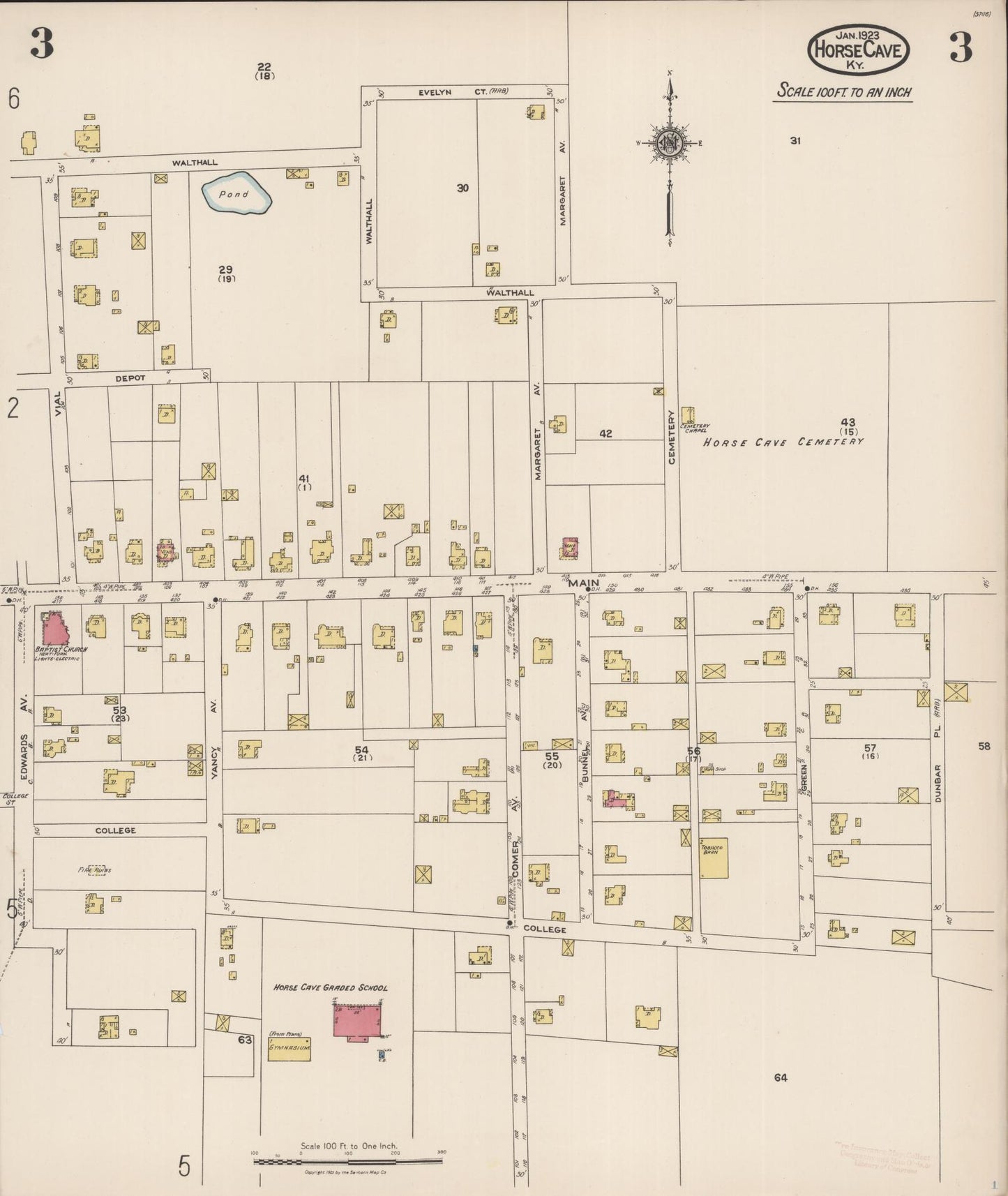 Sanborn Fire Insurance Map from Horse Cave, Hart County, Kentucky (1923), Sheet #0003 - Historic Sanborn Fire Insurance Map Print, vintage old map wall art, antique decor, genealogy gift, Kentucky Kentucky map