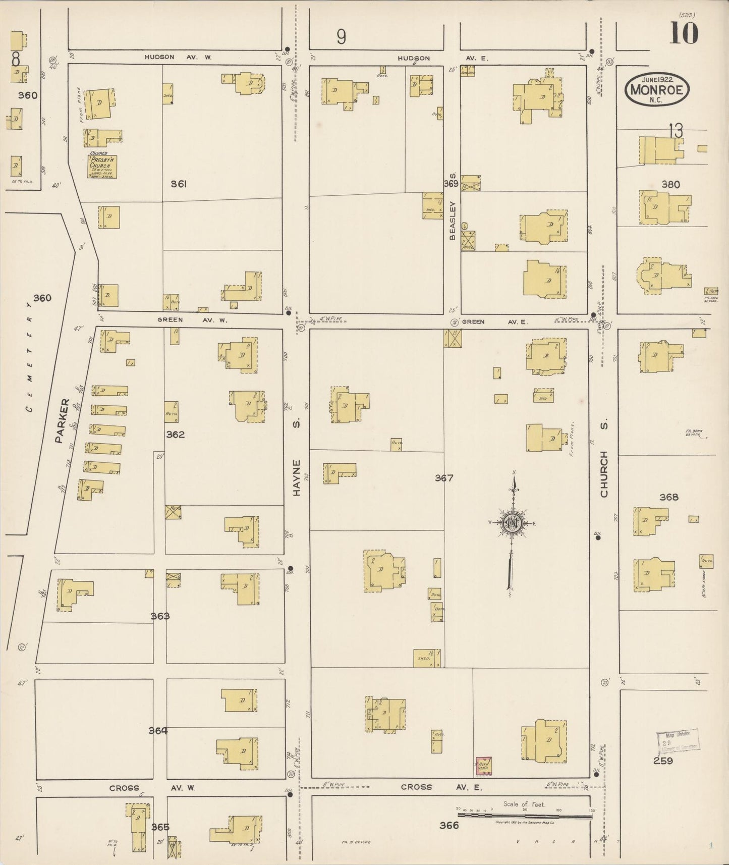 Sanborn Fire Insurance Map from Monroe, Union County, North Carolina (1922), Sheet #0010 - Historic Sanborn Fire Insurance Map Print, vintage old map wall art, antique decor, genealogy gift, North Carolina North Carolina map
