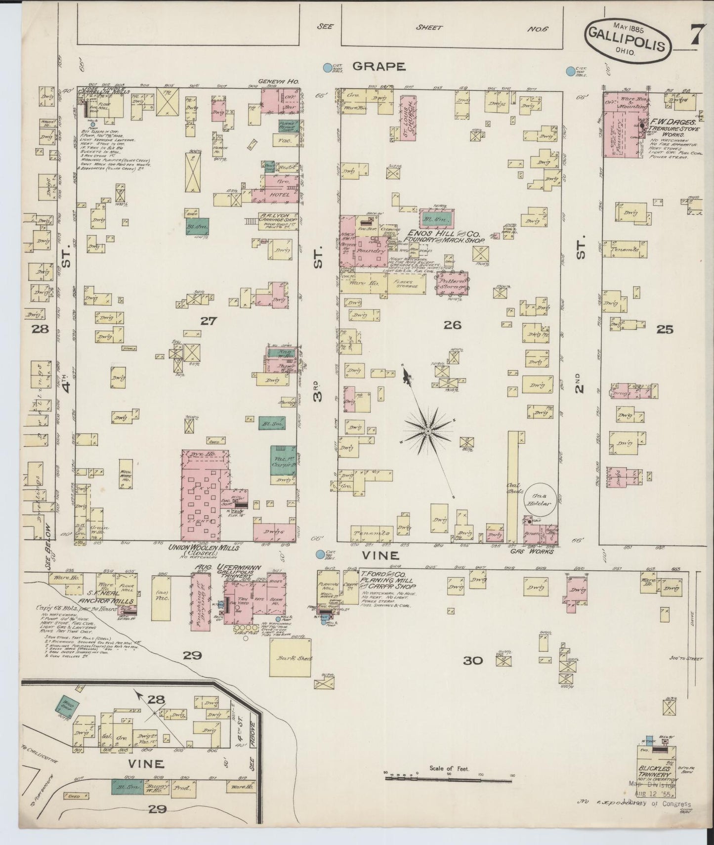 Sanborn Fire Insurance Map from Gallipolis, Gallia County, Ohio (1885), Sheet #0007 - Complete Map Set gallery image, historic Sanborn map, vintage wall art, Ohio Ohio