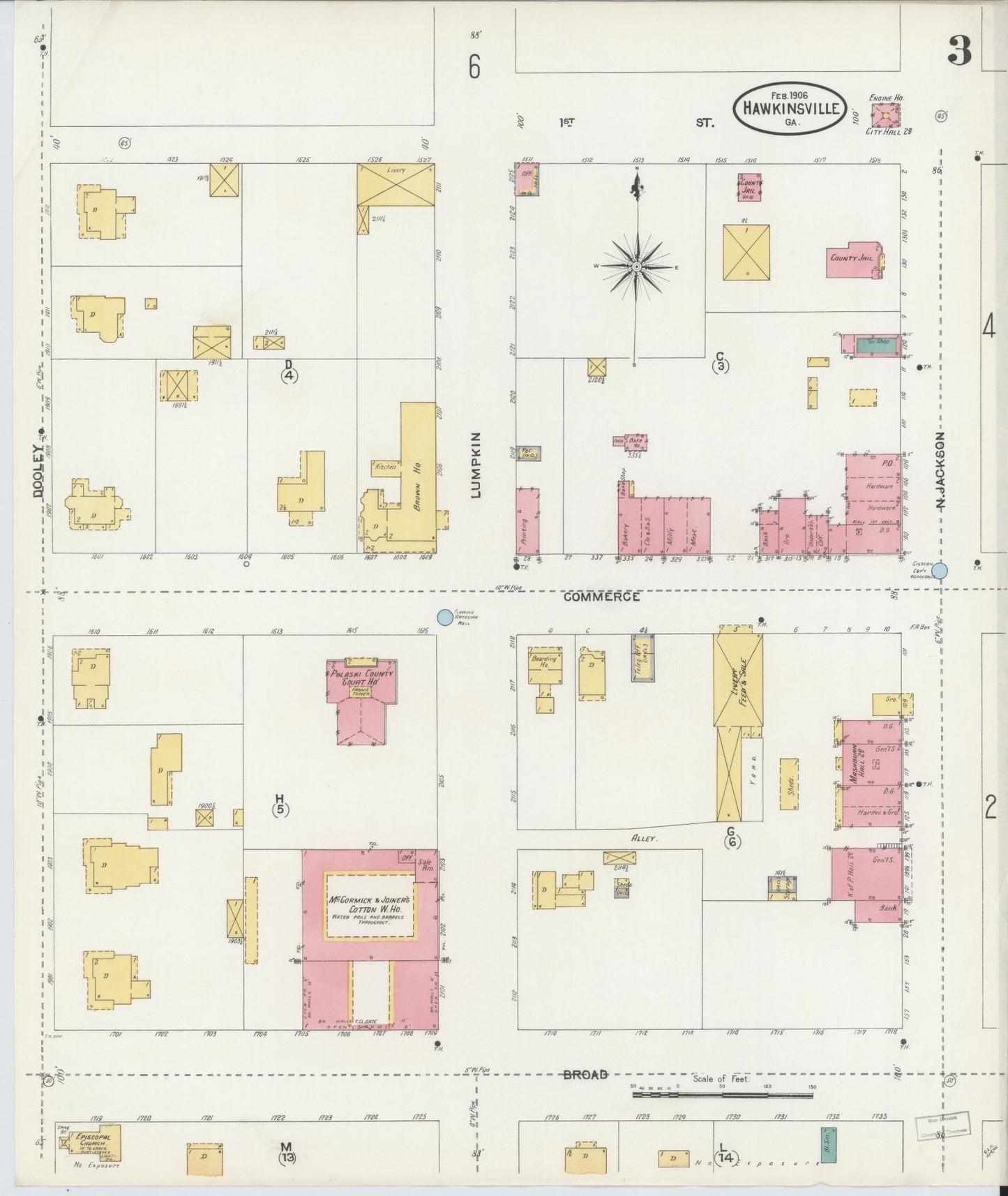 Sanborn Fire Insurance Map from Hawkinsville, Pulaski County, Georgia (1906), Sheet #0003 - Historic Sanborn Fire Insurance Map Print, vintage old map wall art, antique decor, genealogy gift, Georgia Georgia map