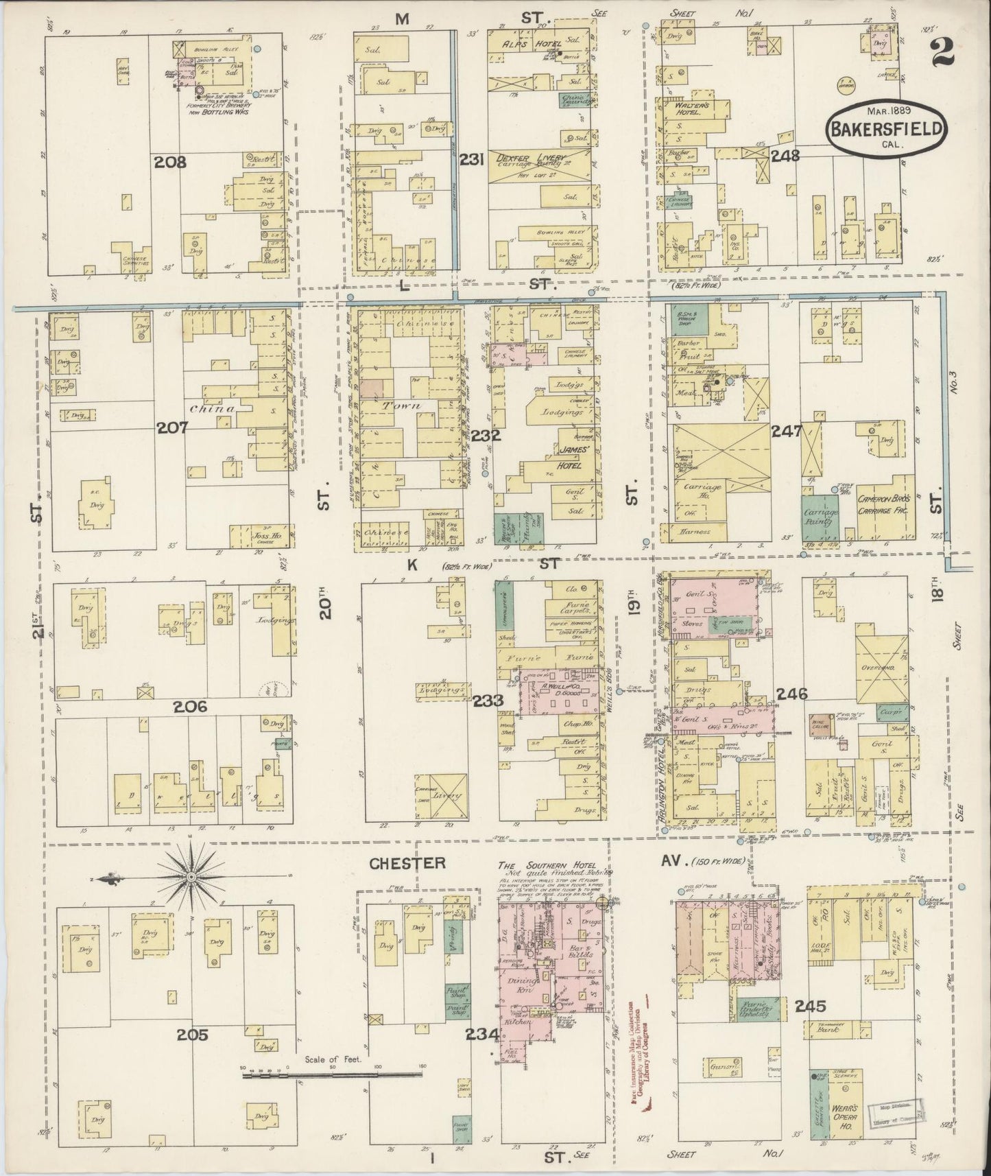 Sanborn Fire Insurance Map from Bakersfield, Kern County, California (1889), Sheet #0002 - Historic Sanborn Fire Insurance Map Print, vintage old map wall art, antique decor, genealogy gift, California California map