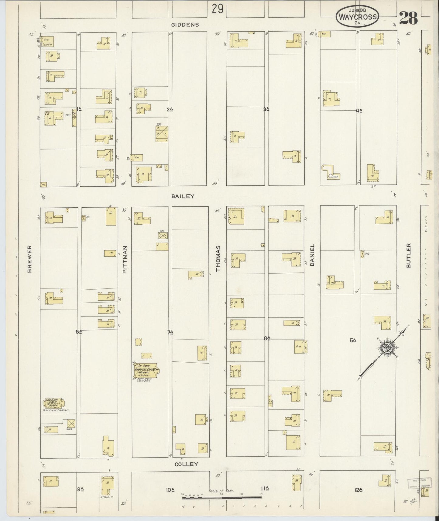 Sanborn Fire Insurance Map from Waycross, Ware County, Georgia (1913), Sheet #0028 - Historic Sanborn Fire Insurance Map Print, vintage old map wall art, antique decor, genealogy gift, Georgia Georgia map