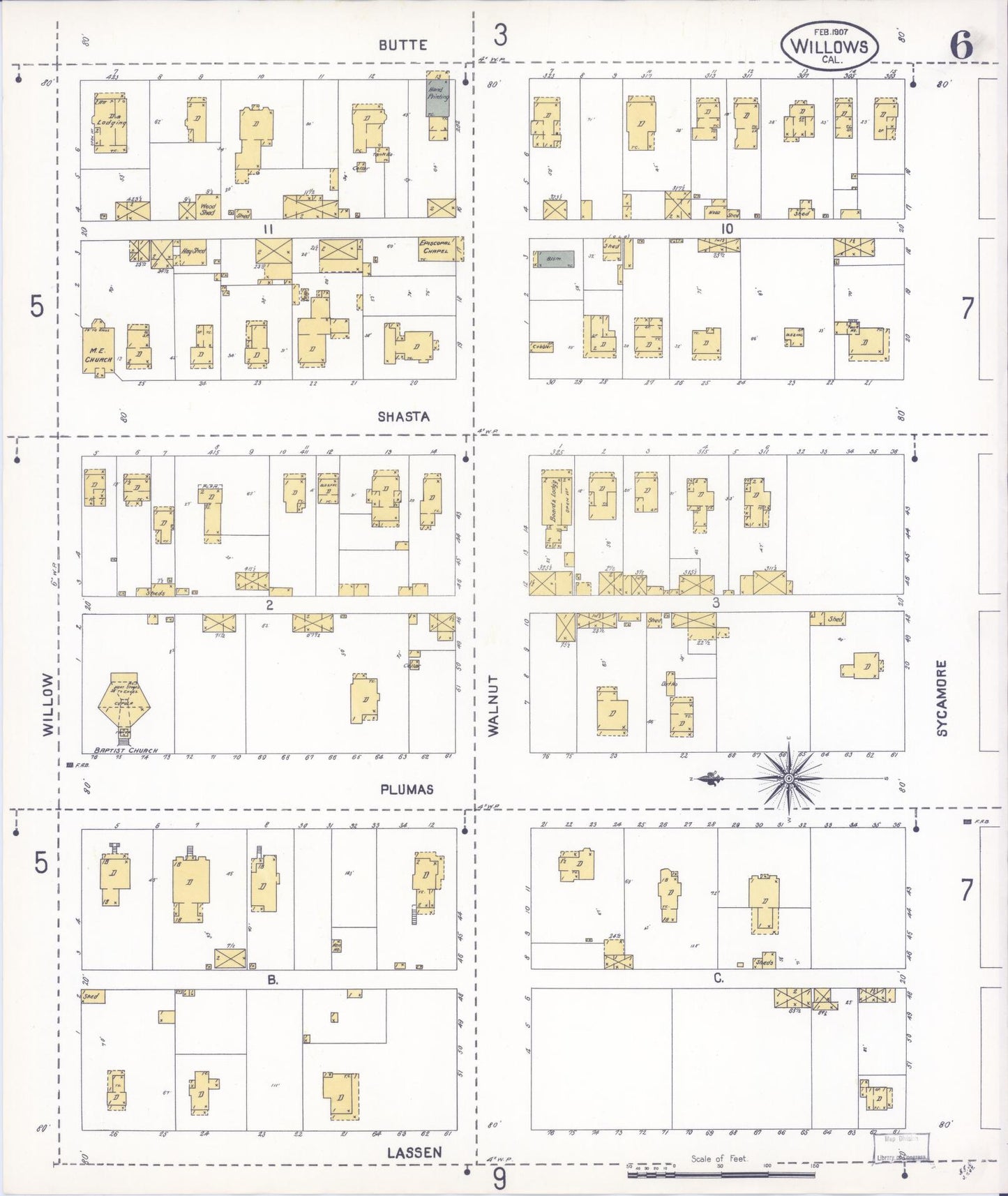Sanborn Fire Insurance Map from Willows, Glenn County, California (1907), Sheet #0006 - Complete Map Set gallery image, historic Sanborn map, vintage wall art, California California