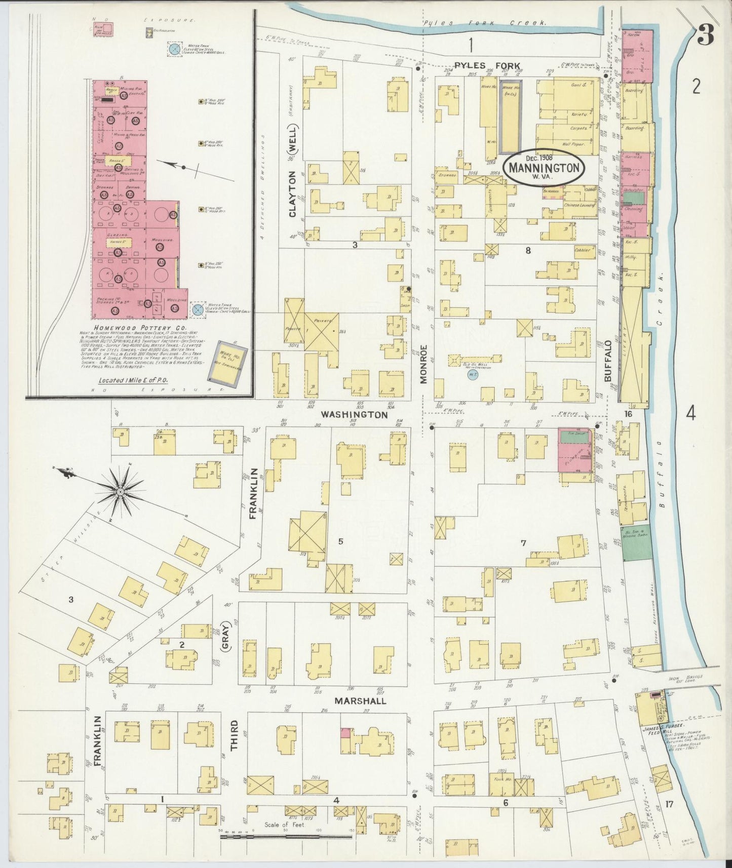 Sanborn Fire Insurance Map from Mannington, Marion County, West Virginia (1908), Sheet #0003 - Historic Sanborn Fire Insurance Map Print, vintage old map wall art, antique decor, genealogy gift, West Virginia West Virginia map