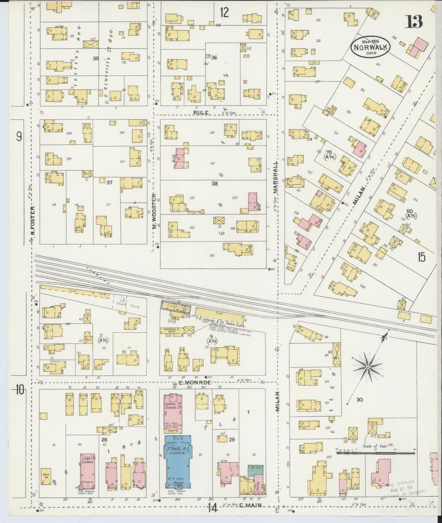 Sanborn Fire Insurance Map from Norwalk, Huron County, Ohio (1906), Sheet #0013 - Historic Sanborn Fire Insurance Map Print, vintage old map wall art, antique decor, genealogy gift, Ohio Ohio map