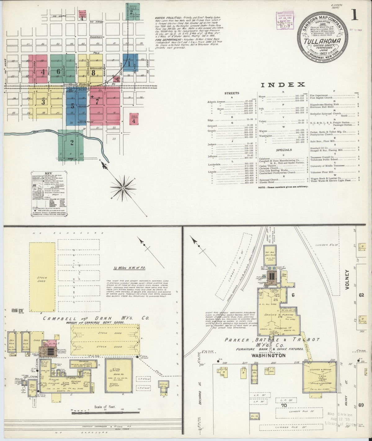 Sanborn Fire Insurance Map from Tullahoma, Coffee County, Tennessee (1907), Sheet #0001 - Historic Sanborn Fire Insurance Map Print, vintage old map wall art, antique decor, genealogy gift, Tennessee Tennessee map