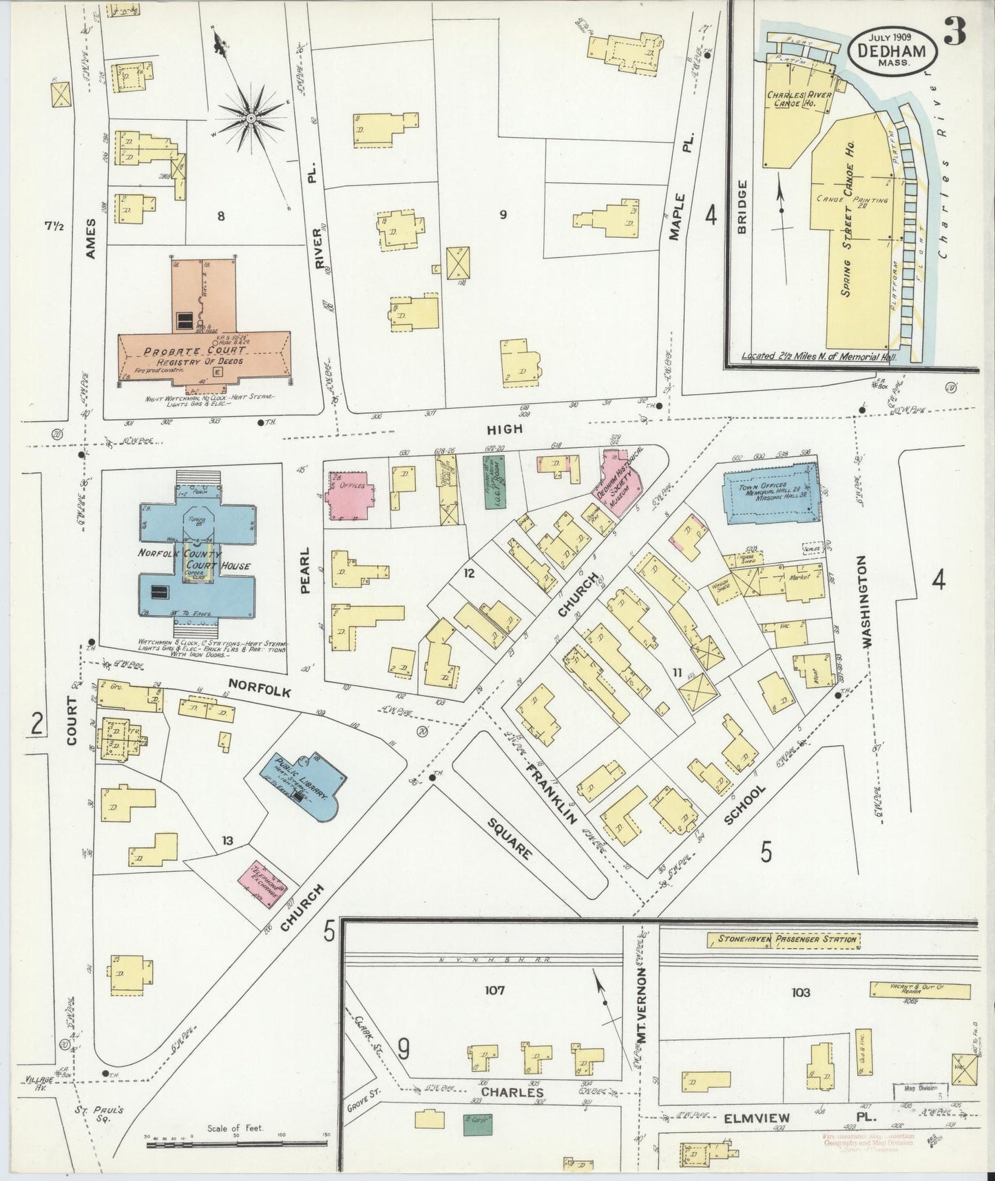 Sanborn Fire Insurance Map from Dedham, Norfolk County, Massachusetts (1909), Sheet #0003 - Historic Sanborn Fire Insurance Map Print, vintage old map wall art, antique decor, genealogy gift, Massachusetts Massachusetts map