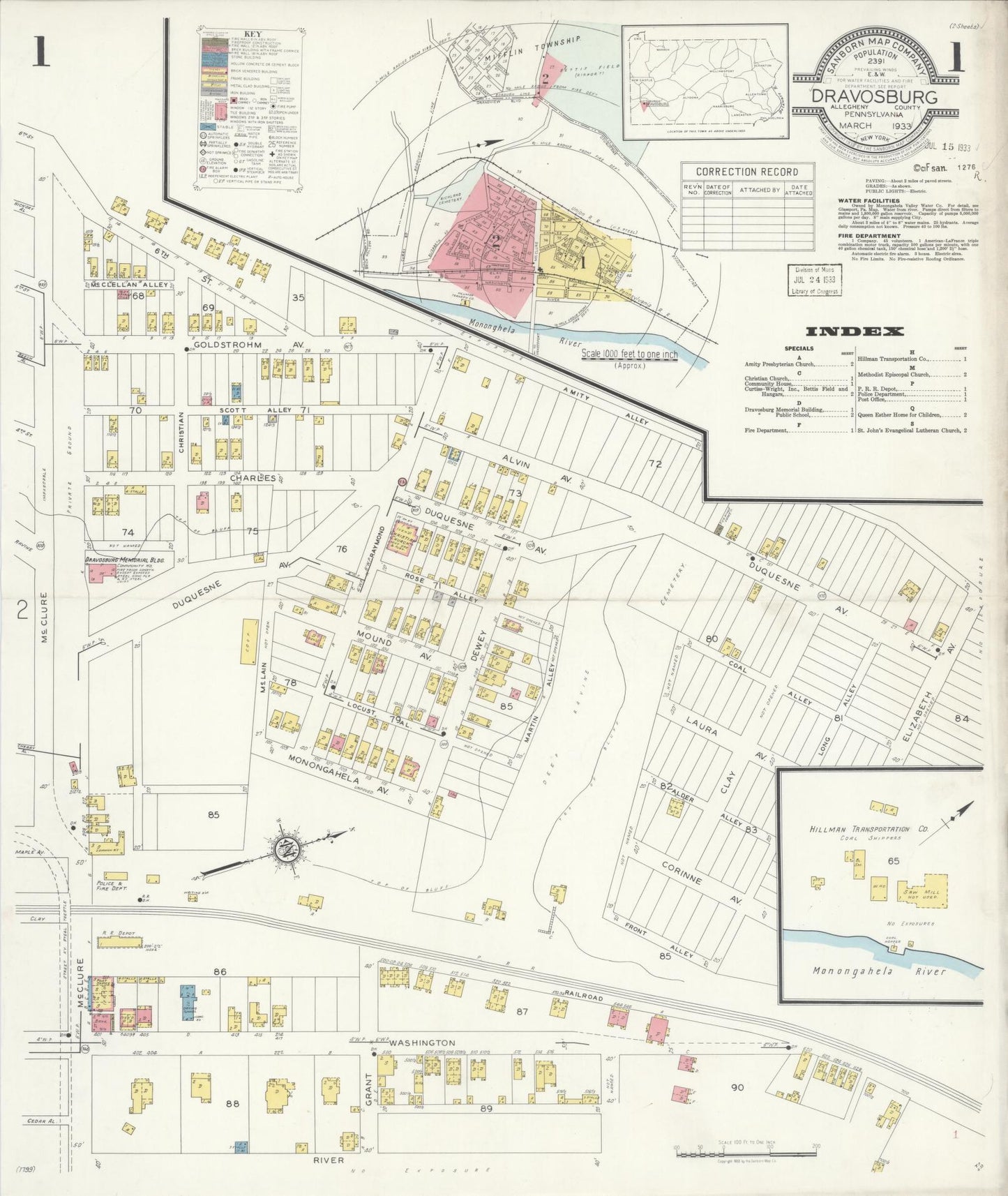 Sanborn Fire Insurance Map from Dravosburg, Allegheny County, Pennsylvania (1933), Sheet #0001 - Historic Sanborn Fire Insurance Map Print, vintage old map wall art, antique decor, genealogy gift, Pennsylvania Pennsylvania map
